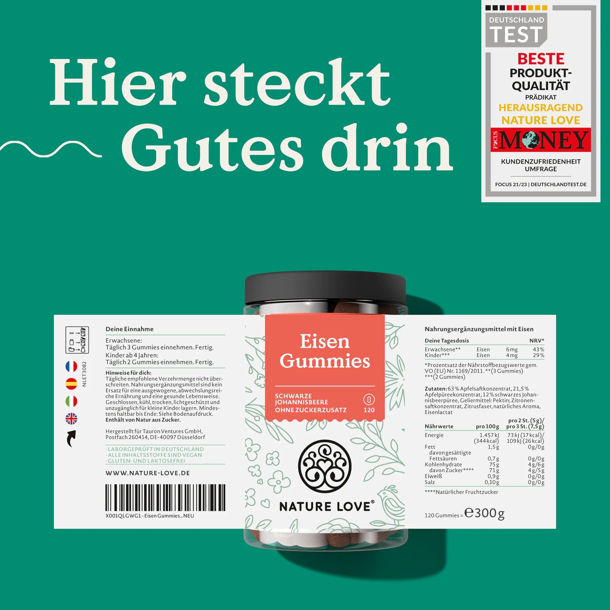 Glas mit Eisen Gummies. Rotes Etikett mit "Eisen Gummies". Aufkleber mit Nährwertangaben. "Ohne Zuckerzusatz".