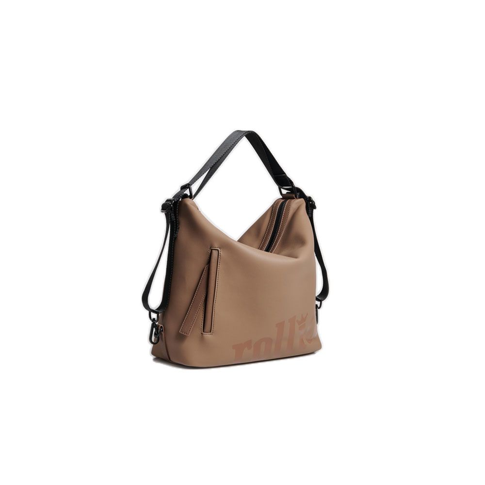 Beige Rollatortasche mit schwarzem Schulterriemen. Aufschrift "rollial".