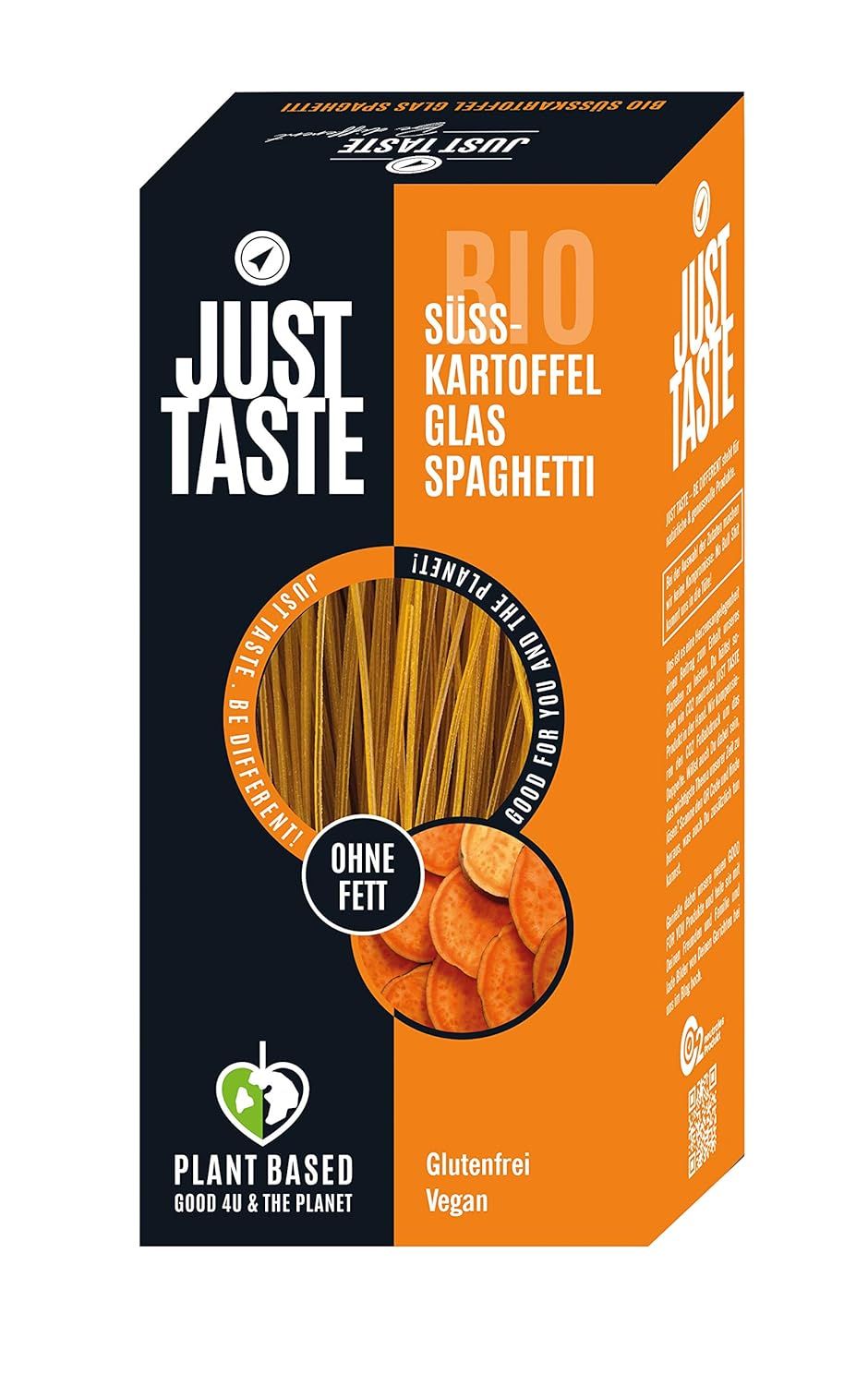 Just Taste Bio Süßkartoffel Glas Spaghetti: Kartonverpackung mit Blickfenster auf die Spaghetti und Süßkartoffelscheiben. Glutenfrei, vegan.
