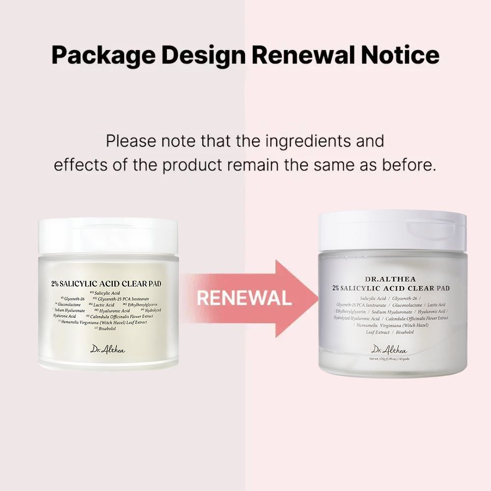 Vergleich der Verpackungsdesigns von Dr. Althea 2% Salicylsäure Clear Pad vor und nach der Erneuerung.