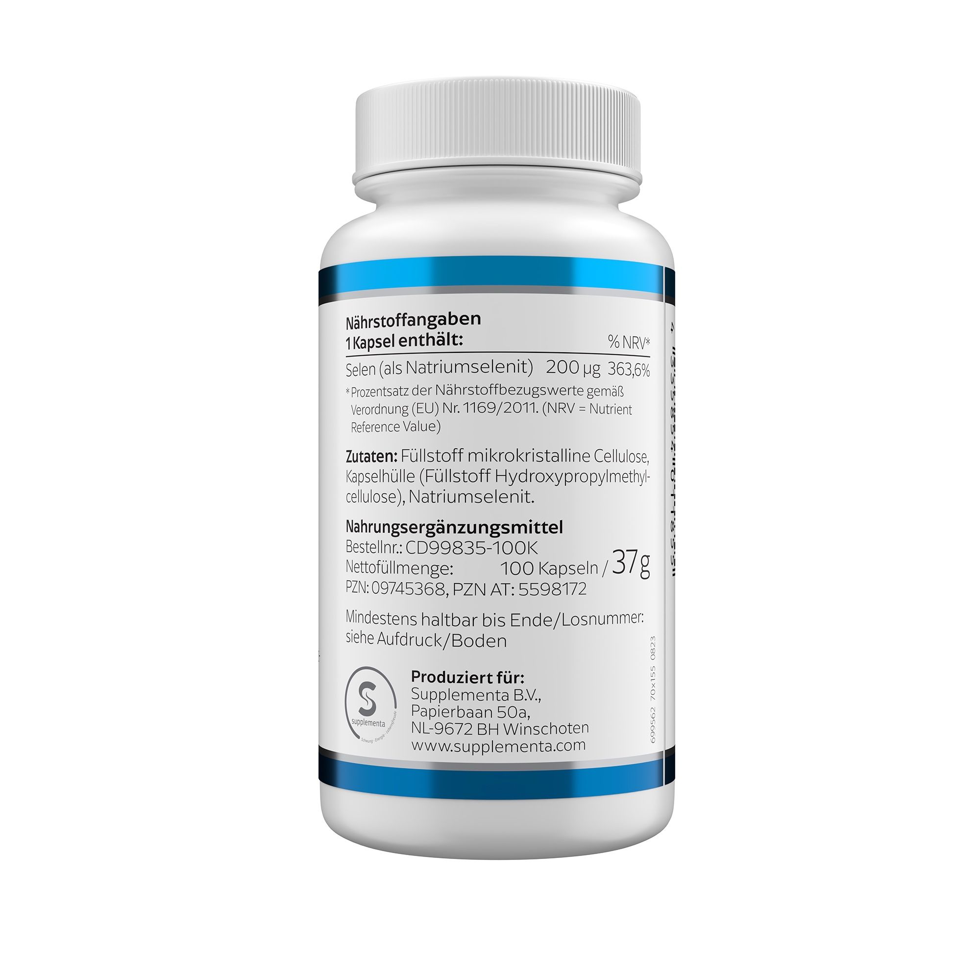 Rückseite der weißen Flasche. Angaben zu Nährstoffen, Zutaten, Hersteller, Chargennummer, Mindesthaltbarkeit. 100 Kapseln/37g.
