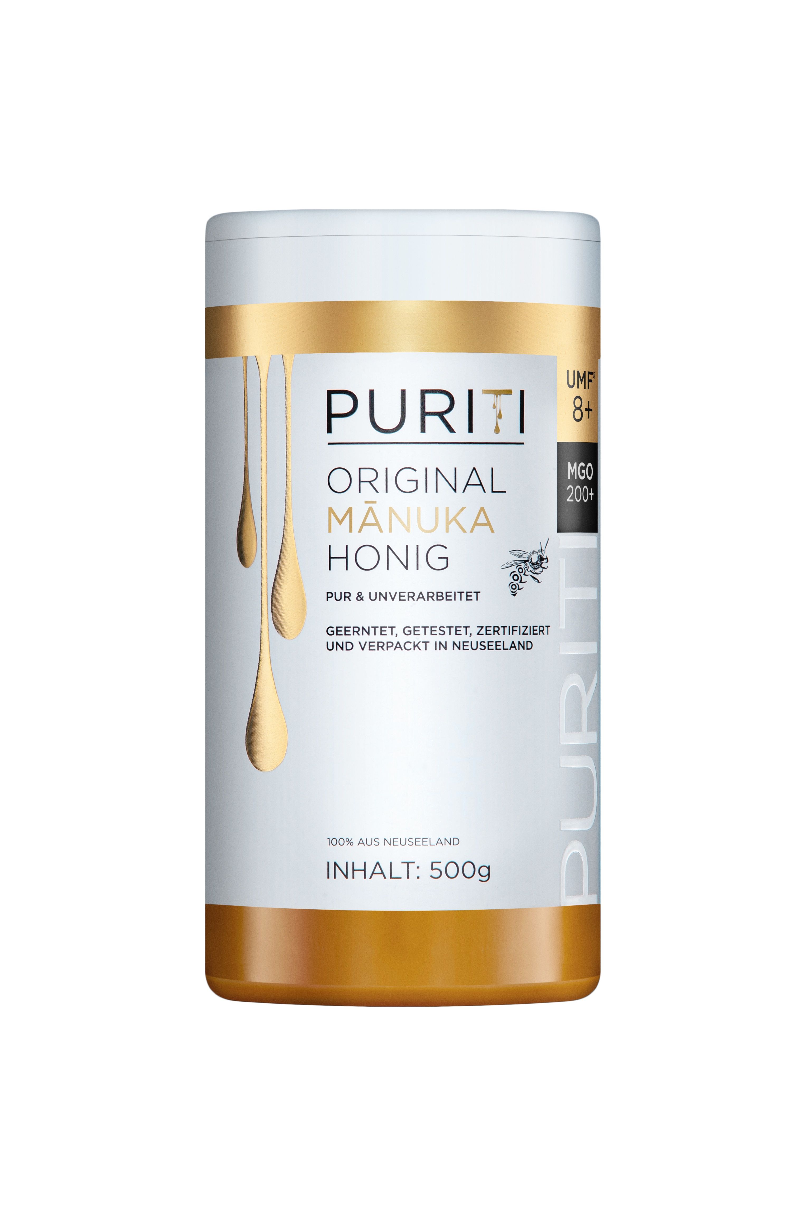 Zylinderförmige Dose mit goldfarbenem Boden und Deckel. Aufschrift: PURITI ORIGINAL MANUKA HONIG. Tropfenförmiges Design. MGO 200+.