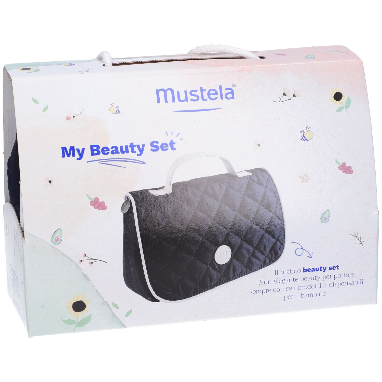 Confezione del Mustela My Beauty Set. Mostra una borsa cosmetica blu scuro con manico. Nome e logo del prodotto.