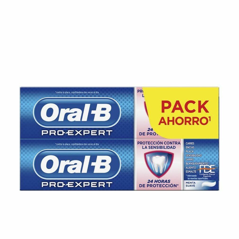 Zwei Zahnpasta-Tuben in Verpackung. Marke Oral-B Pro-Expert. Aufdruck: Packung, Schutz vor Empfindlichkeit, 24 Stunden Schutz, Minze.
