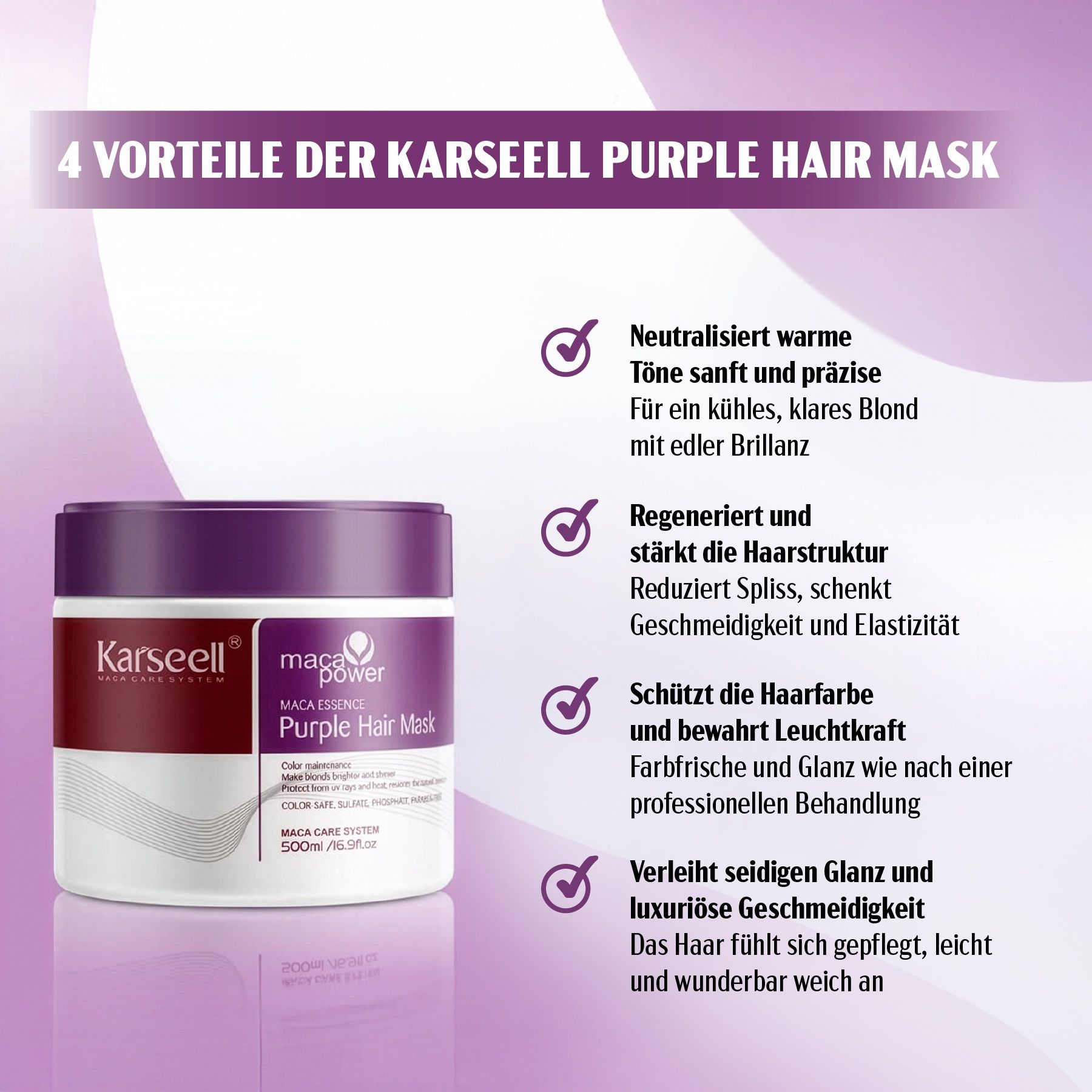 Karseell Haarmaske Purple. Produktverpackung mit Text und Icons. Text: Vorteile der Karseell Purple Hair Mask.