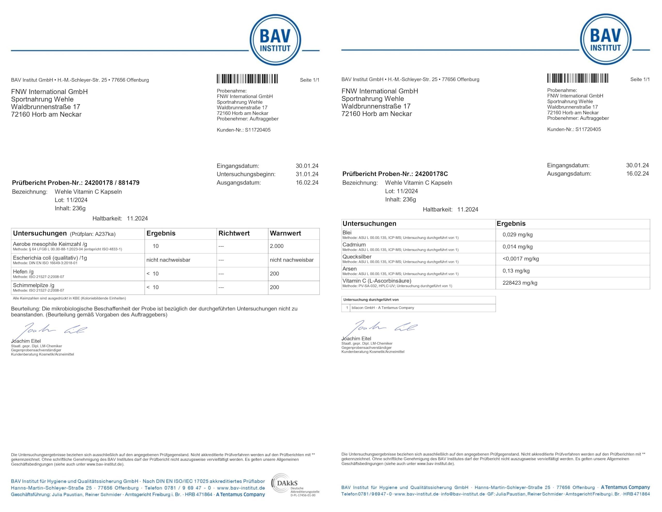 Zwei Zertifikate von BAV Institut. Unterschriften und Stempel. Angaben zu Inhaltsstoffen und Testergebnissen.