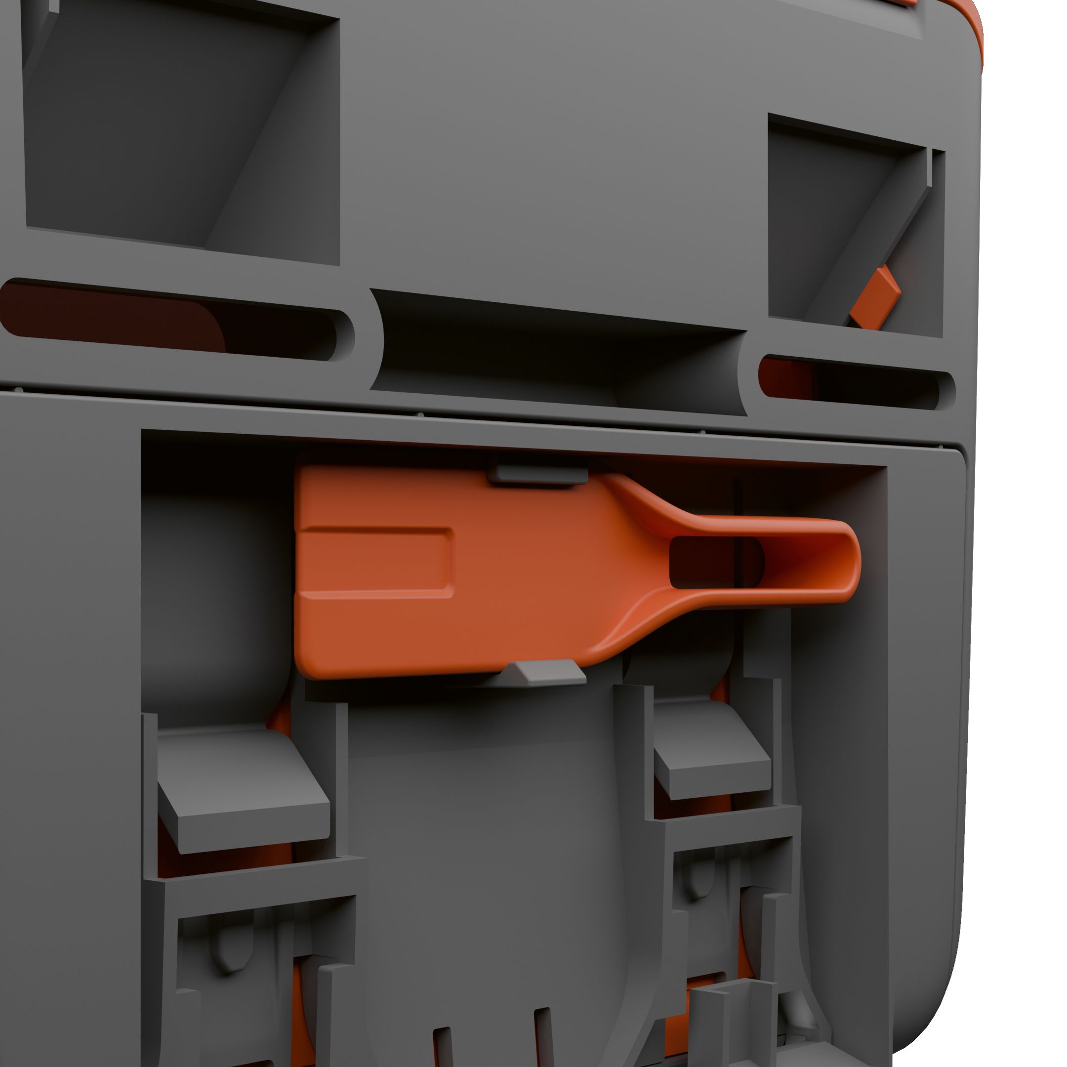 Graue Rückseite der WERO Smart Box®. Orangefarbener Auslöser. Zwei graue Fächer. Detailansicht der Box.