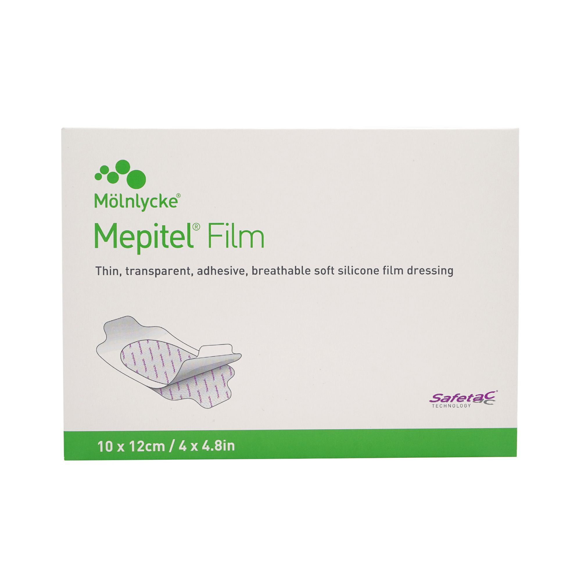 Verpackung mit Mepitel Film Folienverband. Größe: 10 x 12 cm. Aufschrift: Thin, transparent, adhesive, breathable soft silicone film dressing.