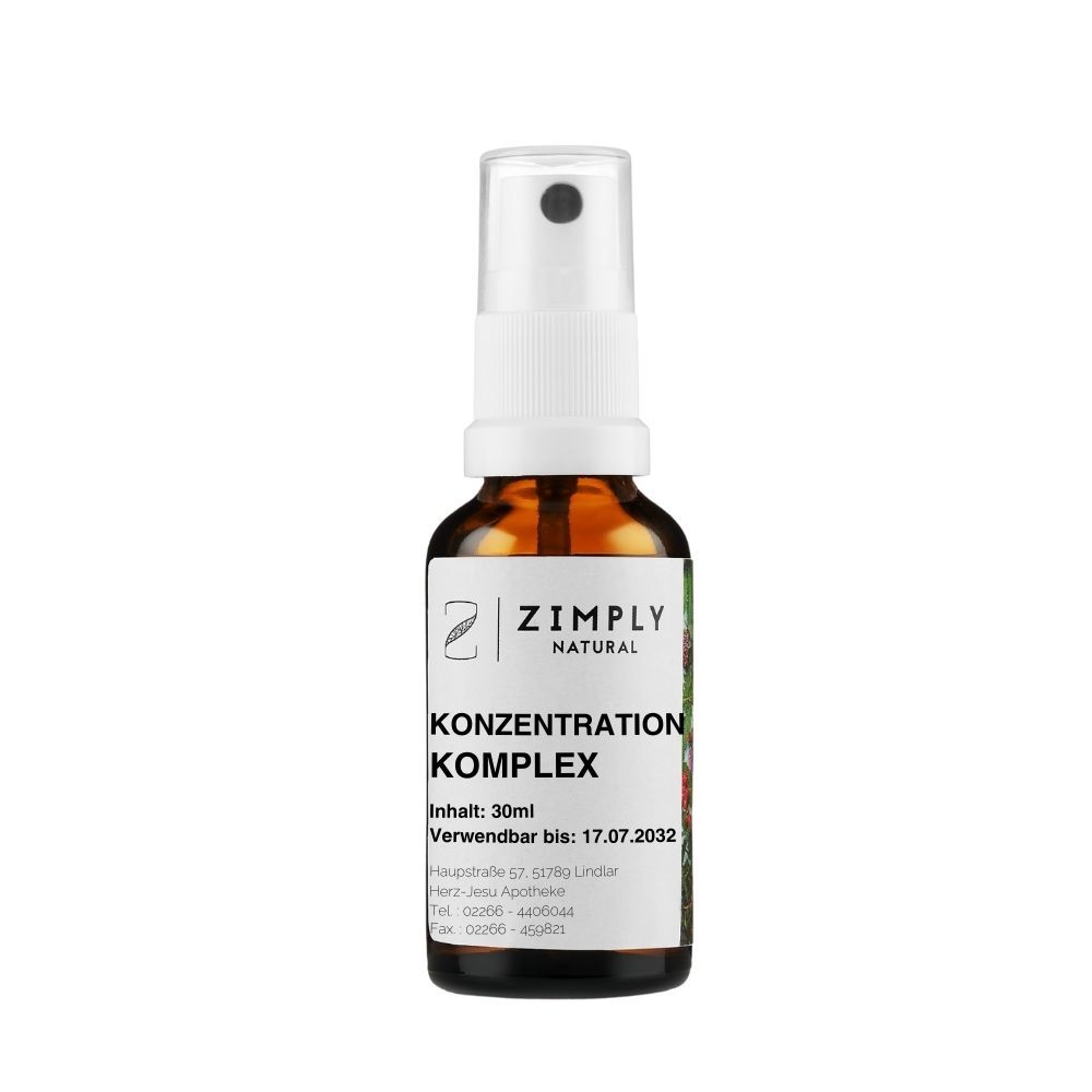 Braune Sprühflasche mit weißem Sprühkopf. Etikett mit Produktname und Logo. Text: Konzentration Komplex.