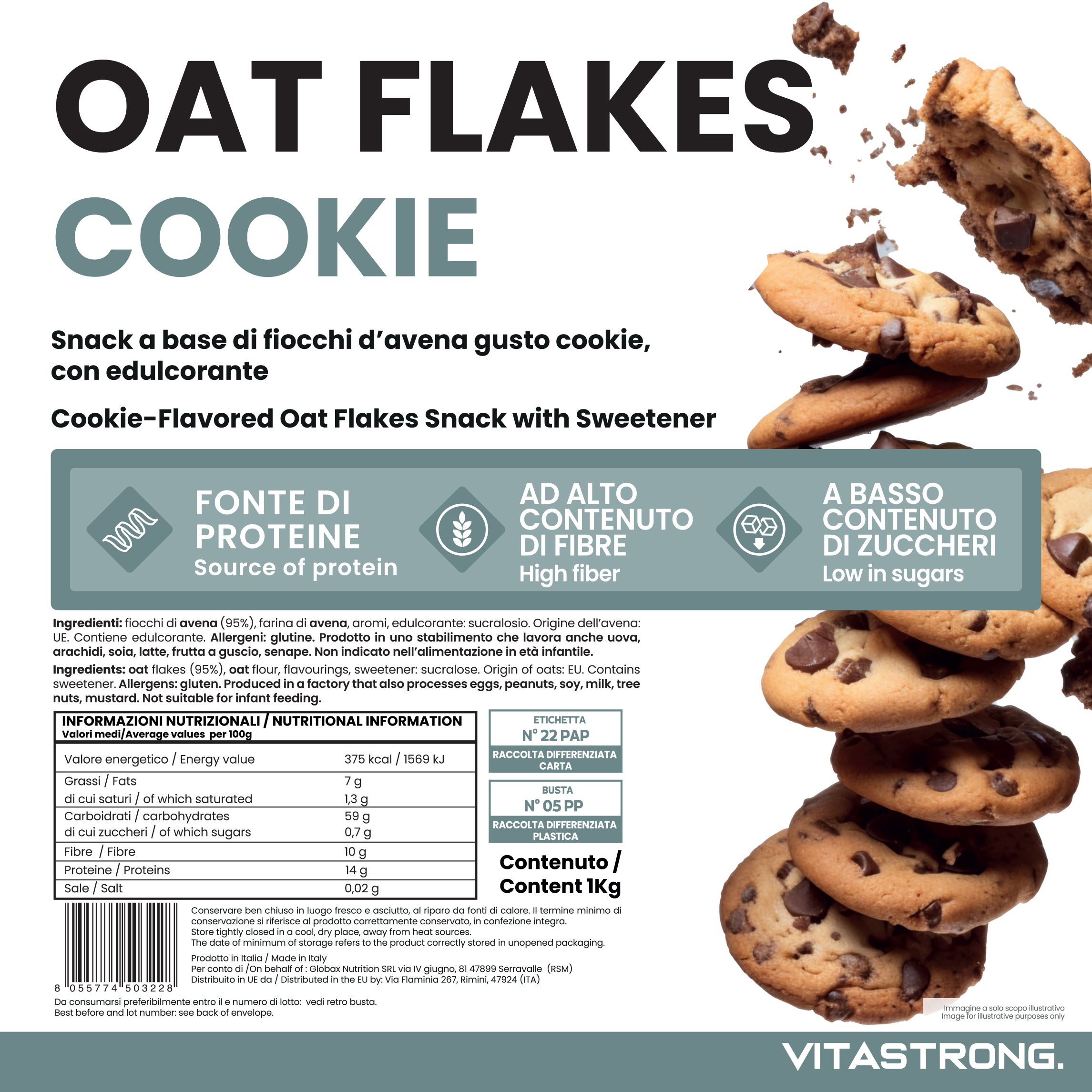 Oat Flakes Cookie. Einzelne Kekse mit Schokoladenstückchen. Text: Quelle für Protein, hoher Ballaststoffgehalt, zuckerarm. Vitastrong.