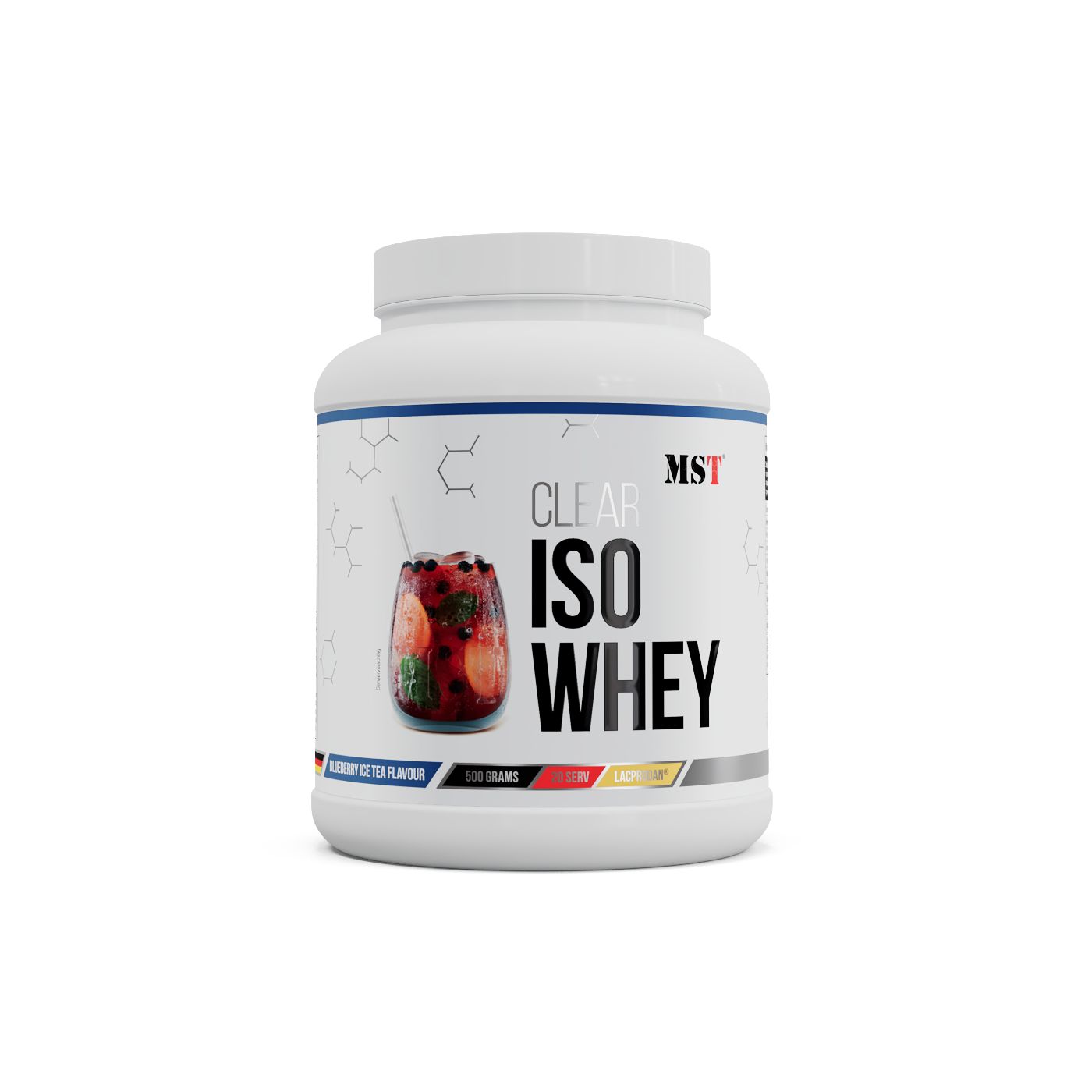 Weiße Dose mit blauem und grauem Etikett, zeigt "CLEAR ISO WHEY" und ein Glas Getränk.