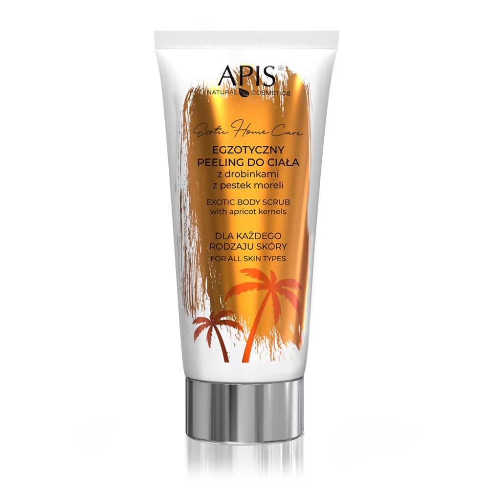 Weiß-goldene Tube mit Produktnamen und Palmen-Illustration. Text: Exotic Body Scrub mit Aprikosenkernen.