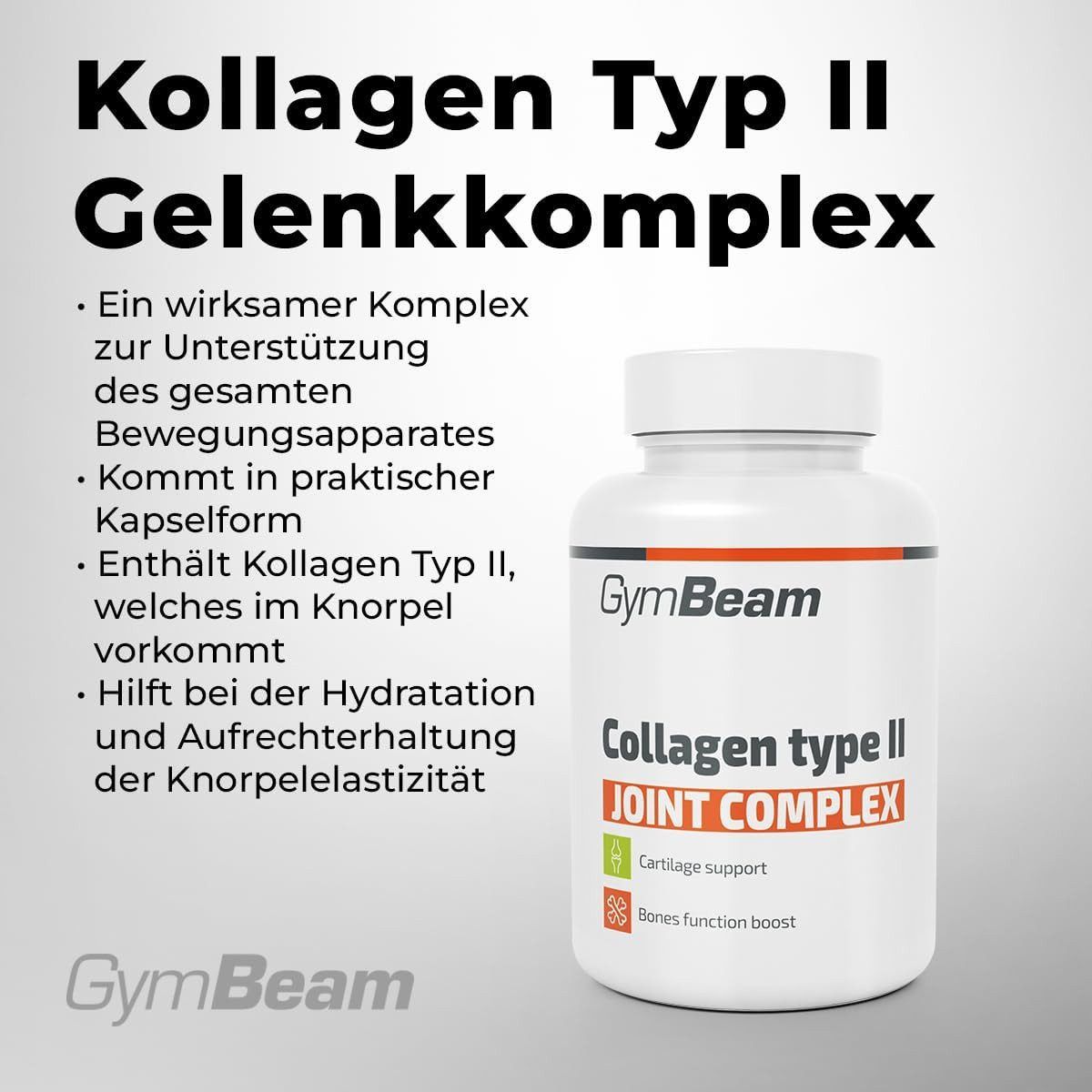 GymBeam Kollagen Typ II Gelenkkomplex: Kapselbehälter mit Etikett, das Inhaltsstoffe und Vorteile hervorhebt.