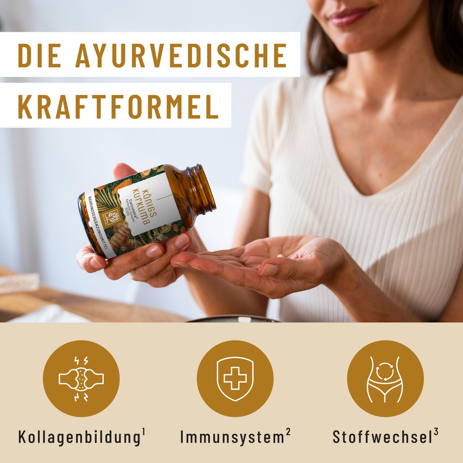 Frau hält Produktflasche. Text: Königs Kurkuma. Icons für Kollagenbildung, Immunsystem und Stoffwechsel. Braune Flasche.