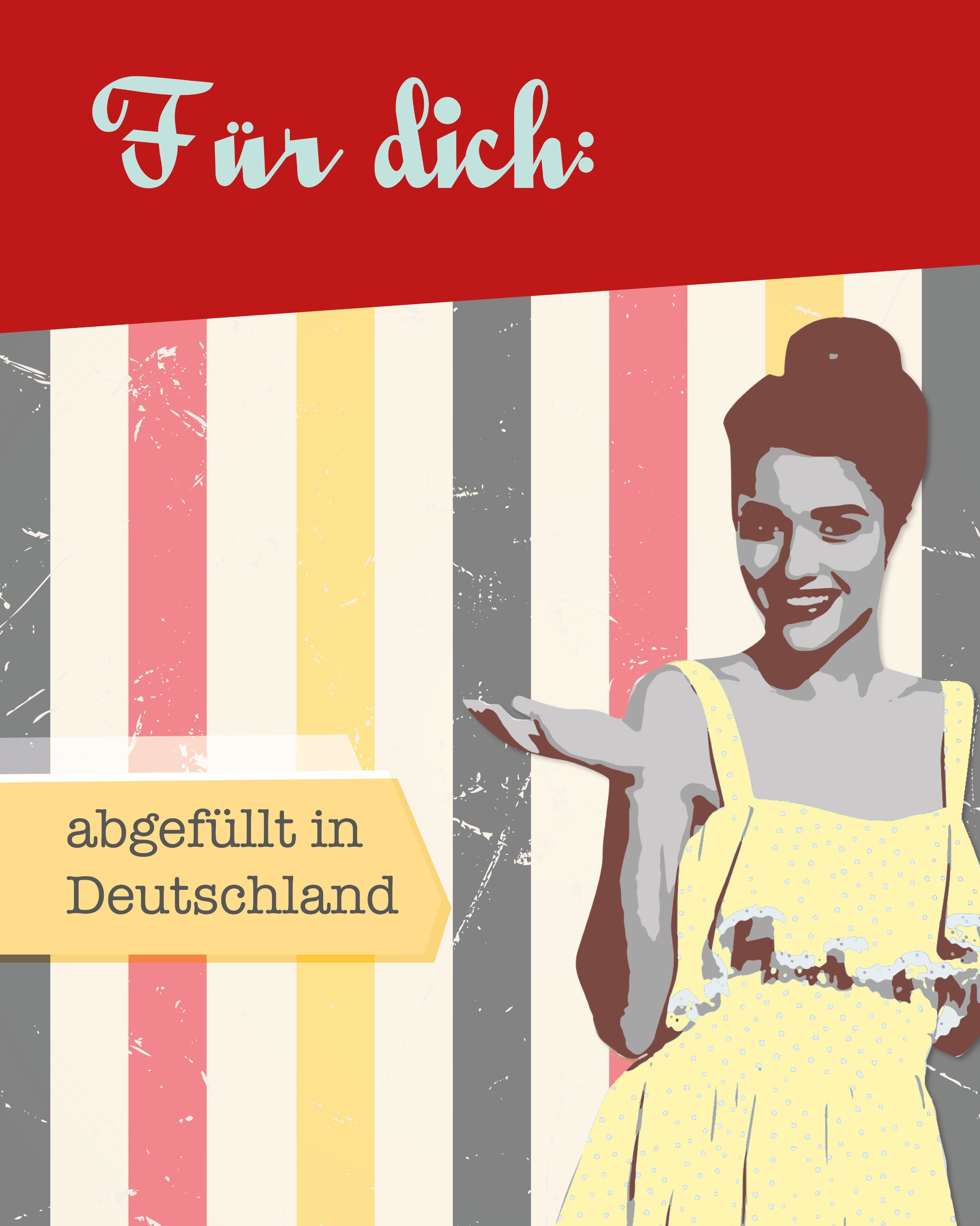 Illustration einer Frau vor gestreiftem Hintergrund. Text: "abgefüllt in Deutschland".
