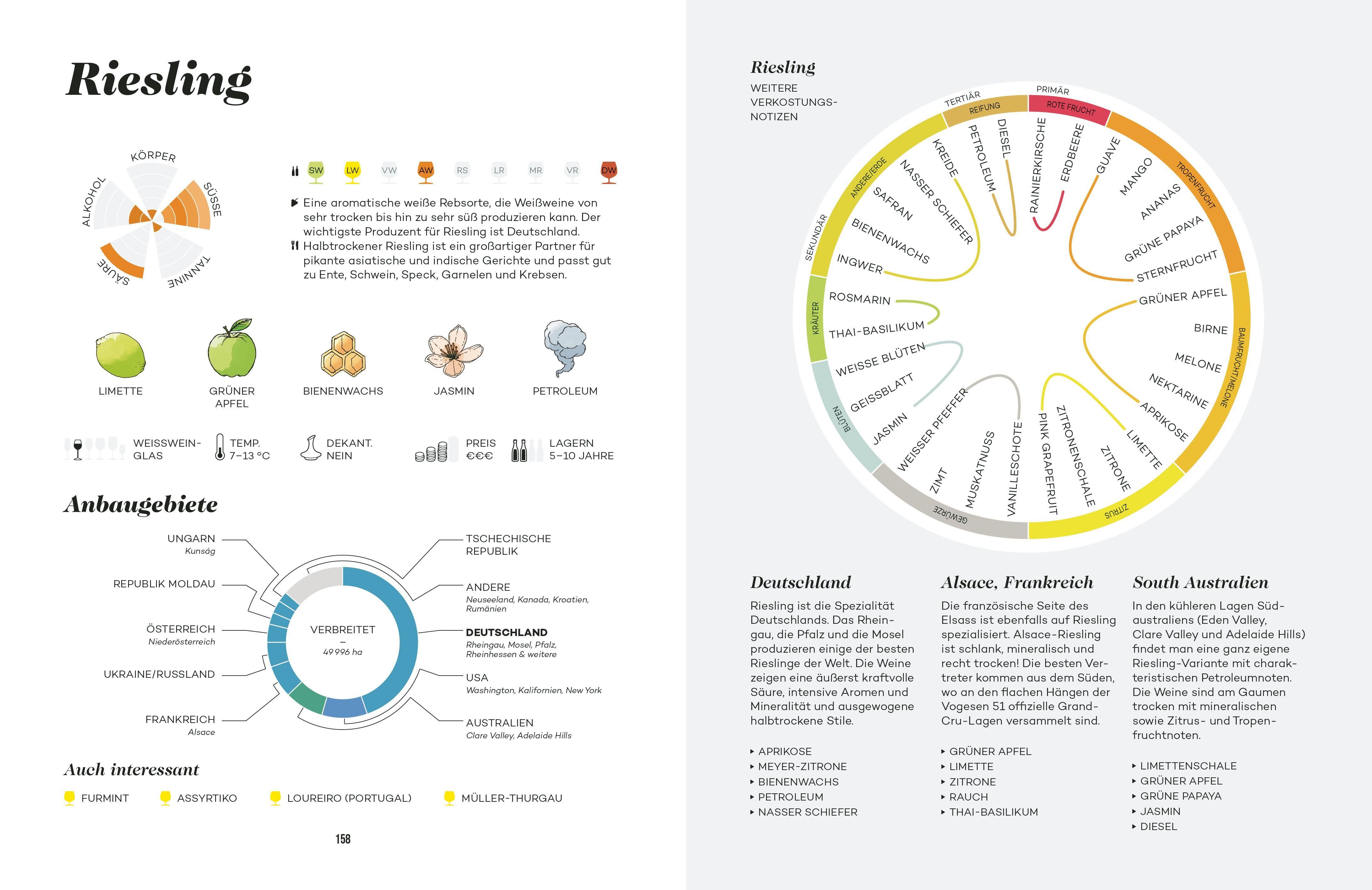 Buchseite über Riesling. Diagramme und Text in Deutsch. Karte der Anbaugebiete und Aromen.