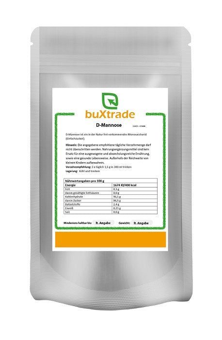 Beutel mit weißem Hintergrund. Aufkleber mit Produktinformationen und Marke buXtrade. Aufschrift: D-Mannose.