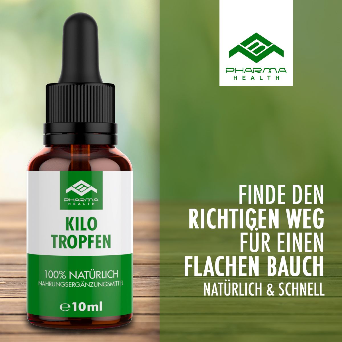 Braune Flasche mit Pipette. Aufschrift KILO TROPFEN. Text: Finde den richtigen Weg für einen flachen Bauch.