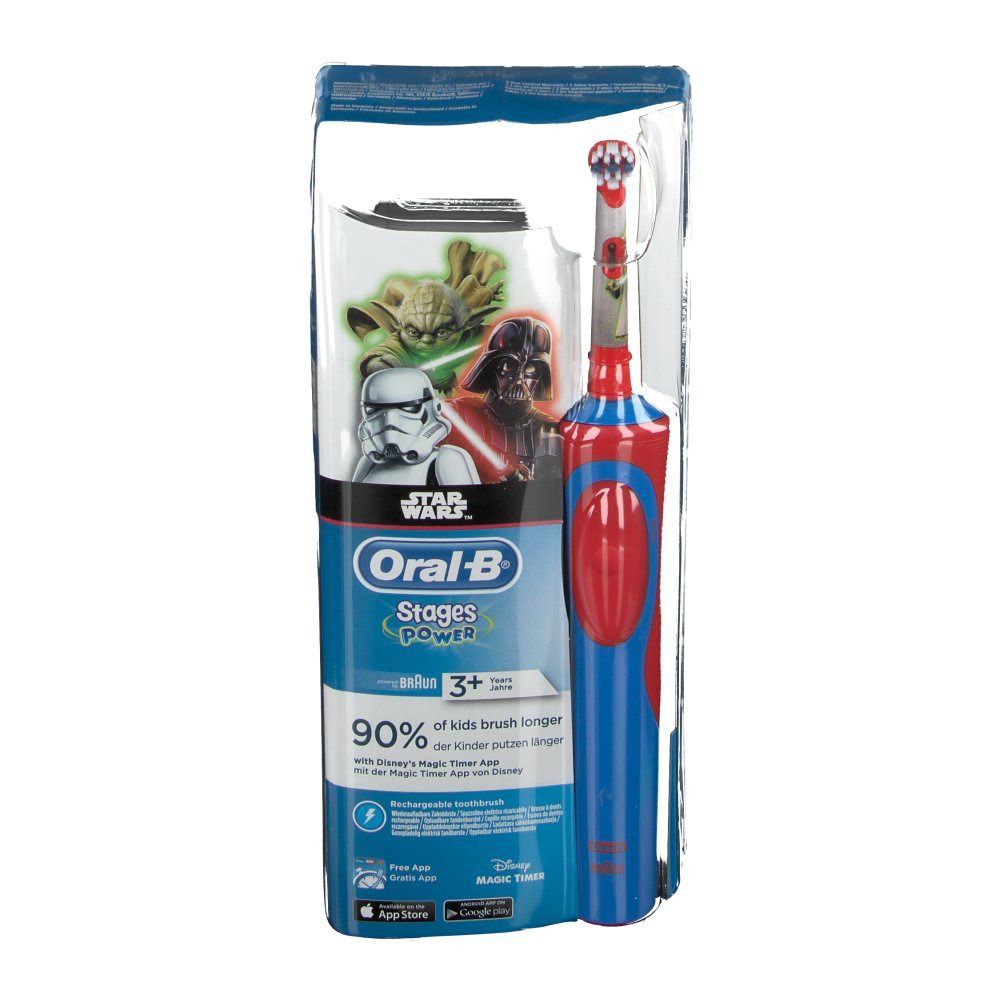 Zahnbürste Oral-B Stages Power Star Wars in Verpackung. Blau-roter Griff, Star Wars-Figuren. Verpackung mit Logo und Text.