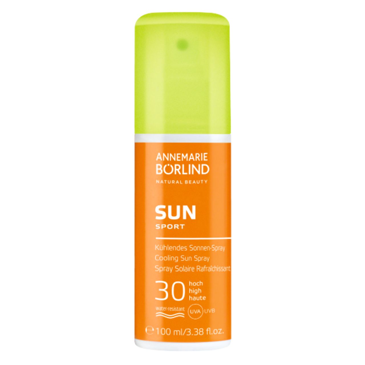 Sonnenspray mit grünem Deckel. Orangefarbene Flasche mit weißer Schrift. Marke: ANNEMARIE BÖRLIND. Sonnenschutzfaktor 30.