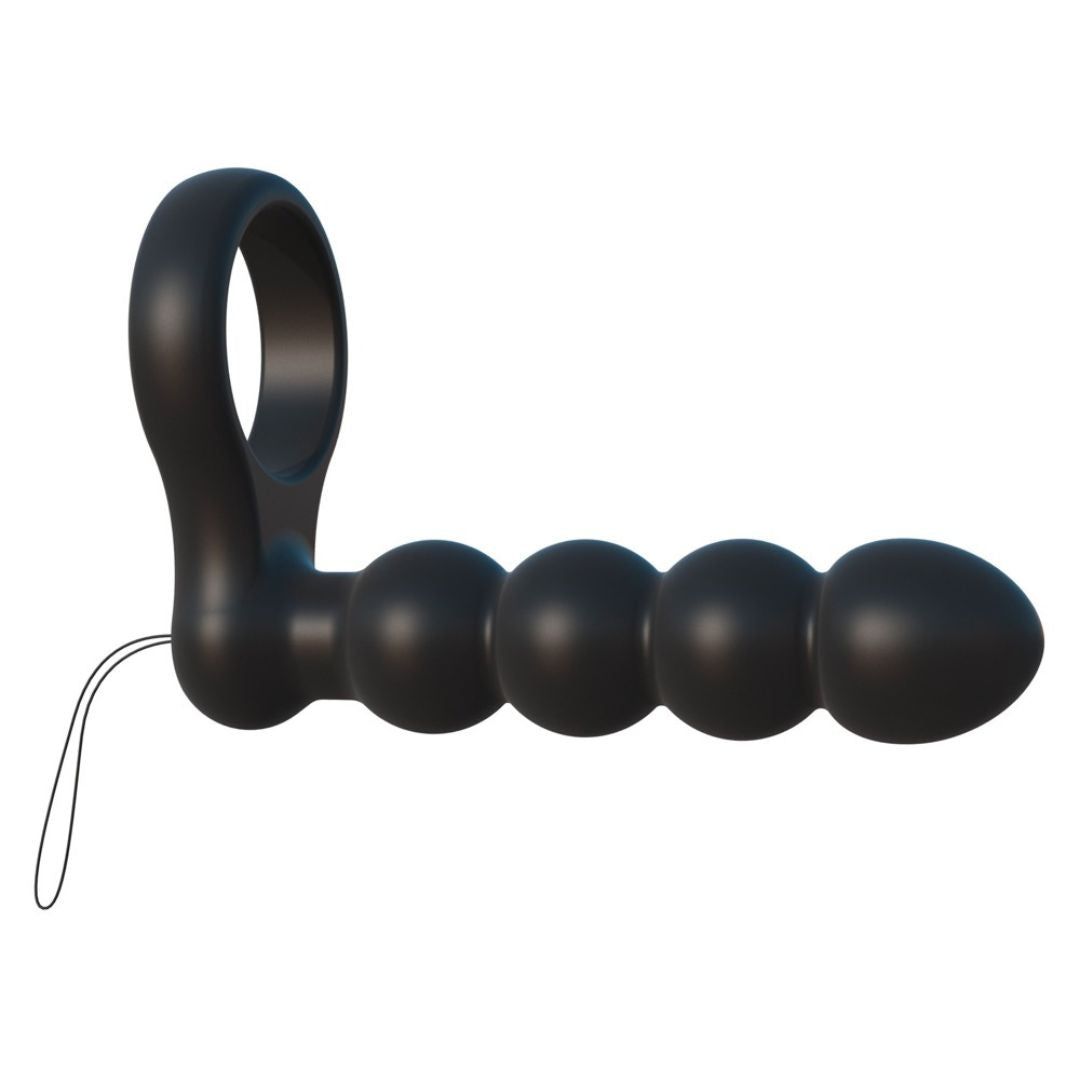 Schwarzer Penisring mit Analdildo. Ring mit vier Kugeln. Mit Schlaufe.