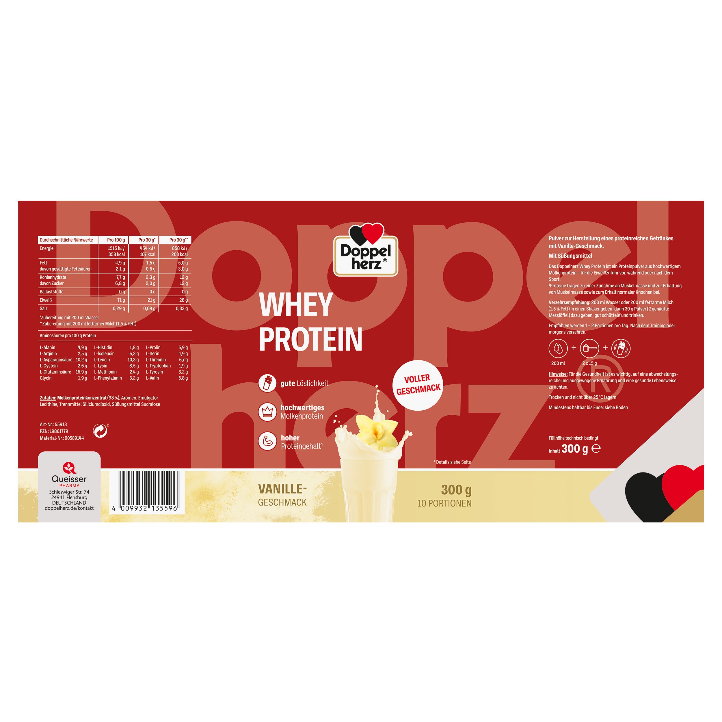 Verpackung von Doppelherz Whey Protein Vanille. Rote Verpackung mit Produktinformationen und Logo.