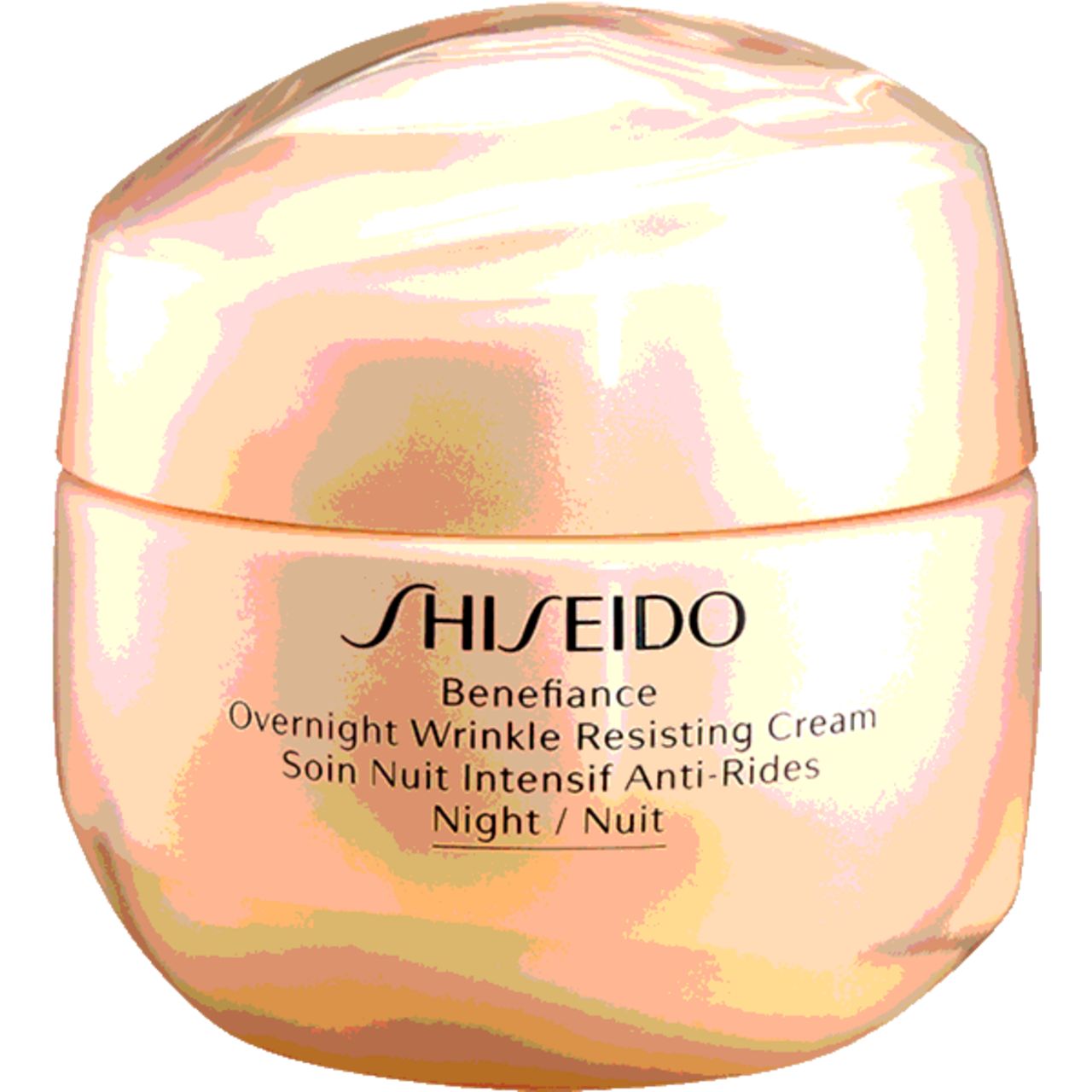 Beige Creme-Tiegel. Aufschrift: SHISEIDO, Benefiance, Overnight Wrinkle Resisting Cream, Soin Nuit Intensif Anti-Rides, Night / Nuit.