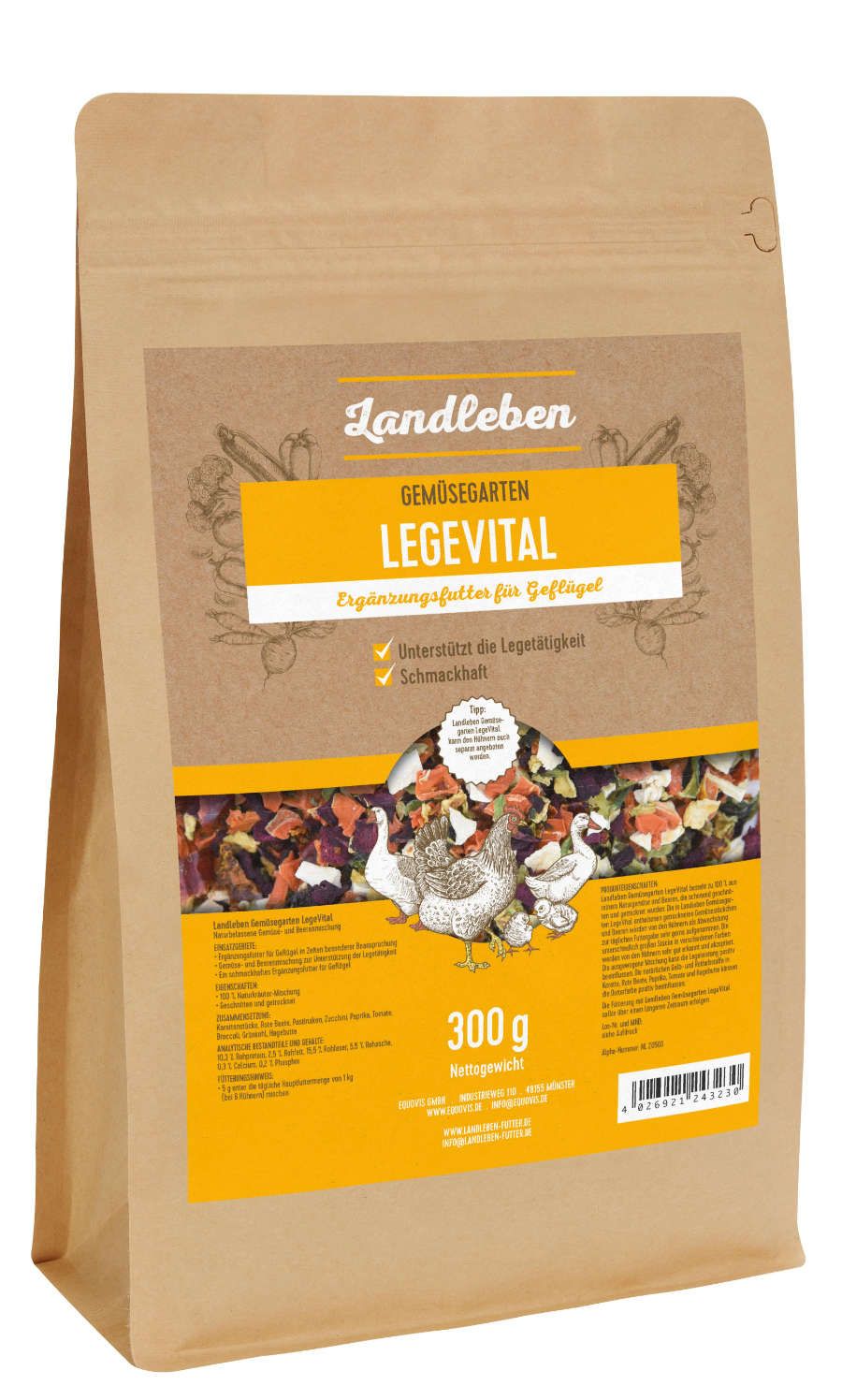 Beutel mit Ergänzungsfutter für Geflügel. Aufschrift: Landleben Gemüsegarten LegeVital. 300g. Illustration von Hühnern.