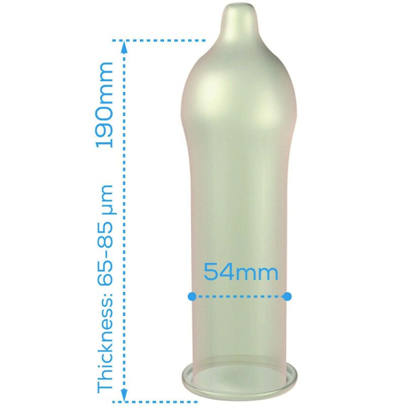 Kondom mit Maßen: 190mm lang, 54mm Durchmesser, 65-85µm Dicke. Transparentes Material.