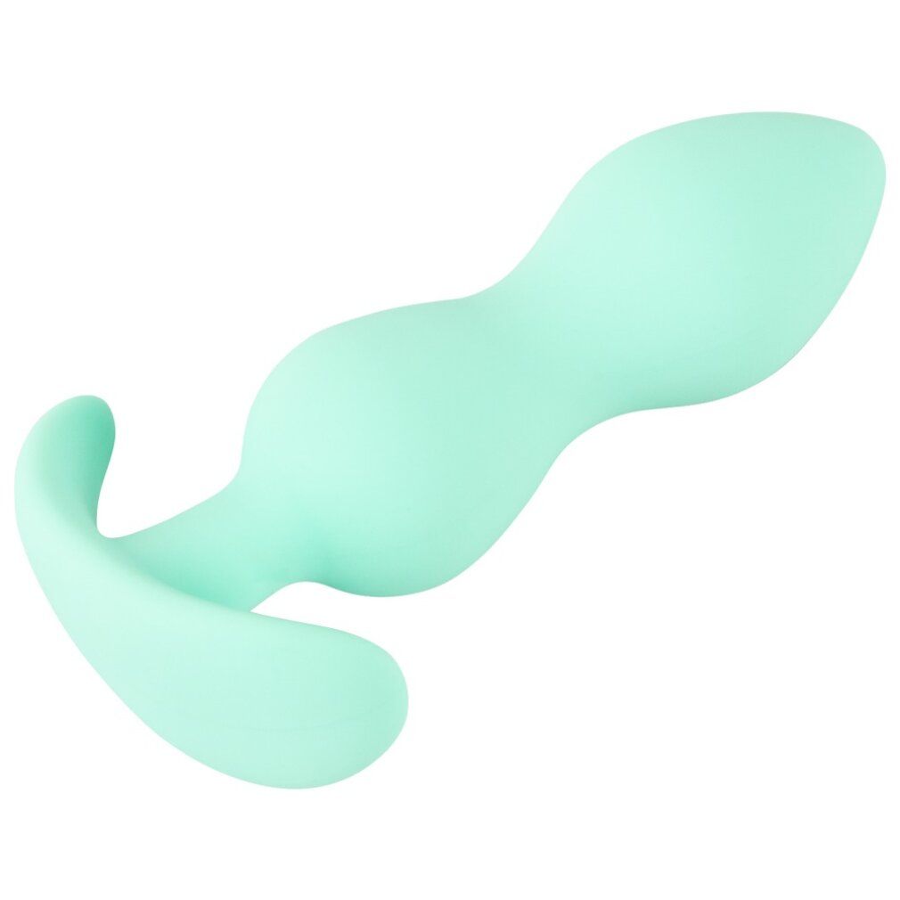 Hellgrüner Analplug mit tropfenförmigem Kopf und gebogener Basis. Material: Silikon.