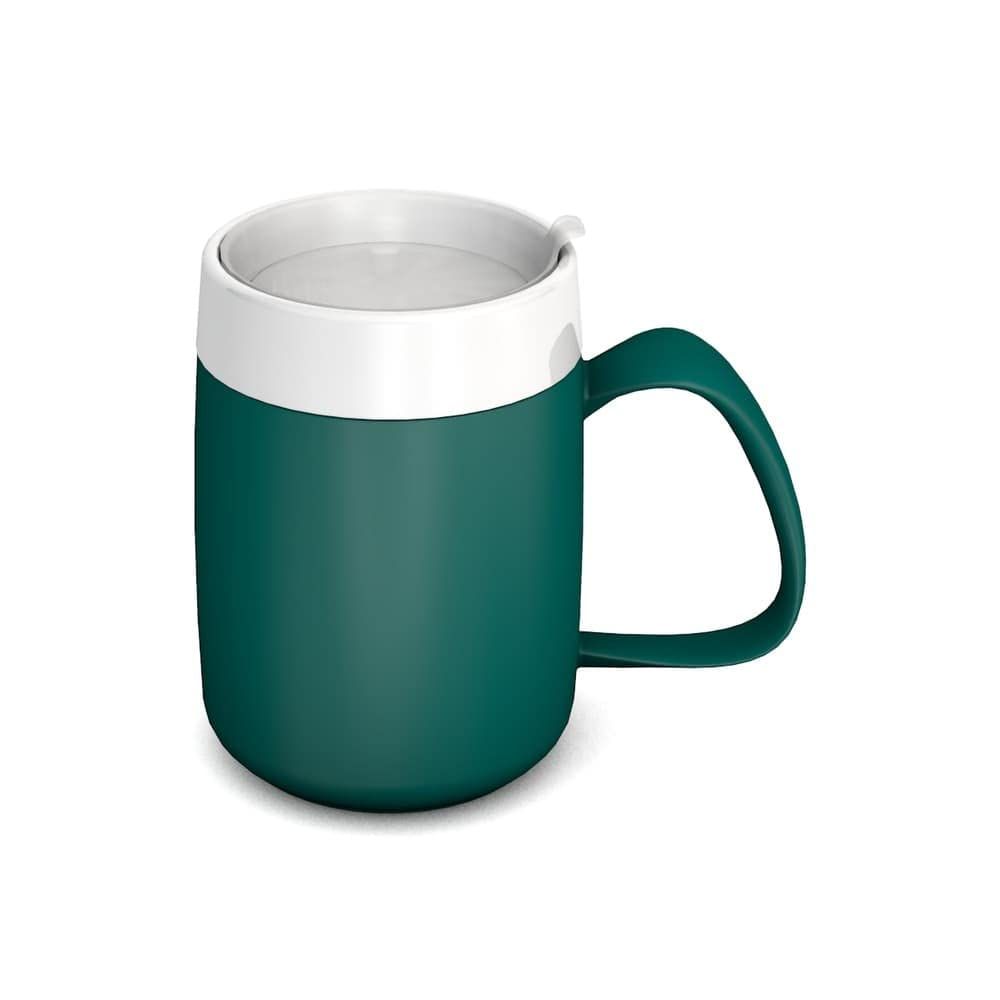 Becher mit Trink-Trick, petrolfarben, weißer Deckel. Griff. Unauffälliger Trinkdeckel.