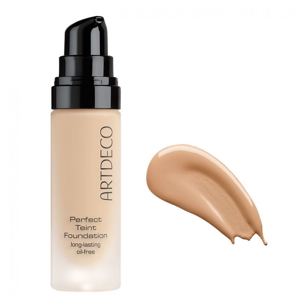 Artdeco Perfect Teint Foundation mit Spender und Farbmuster. Farbton Golden Biscuit. Schwarzer Spender.