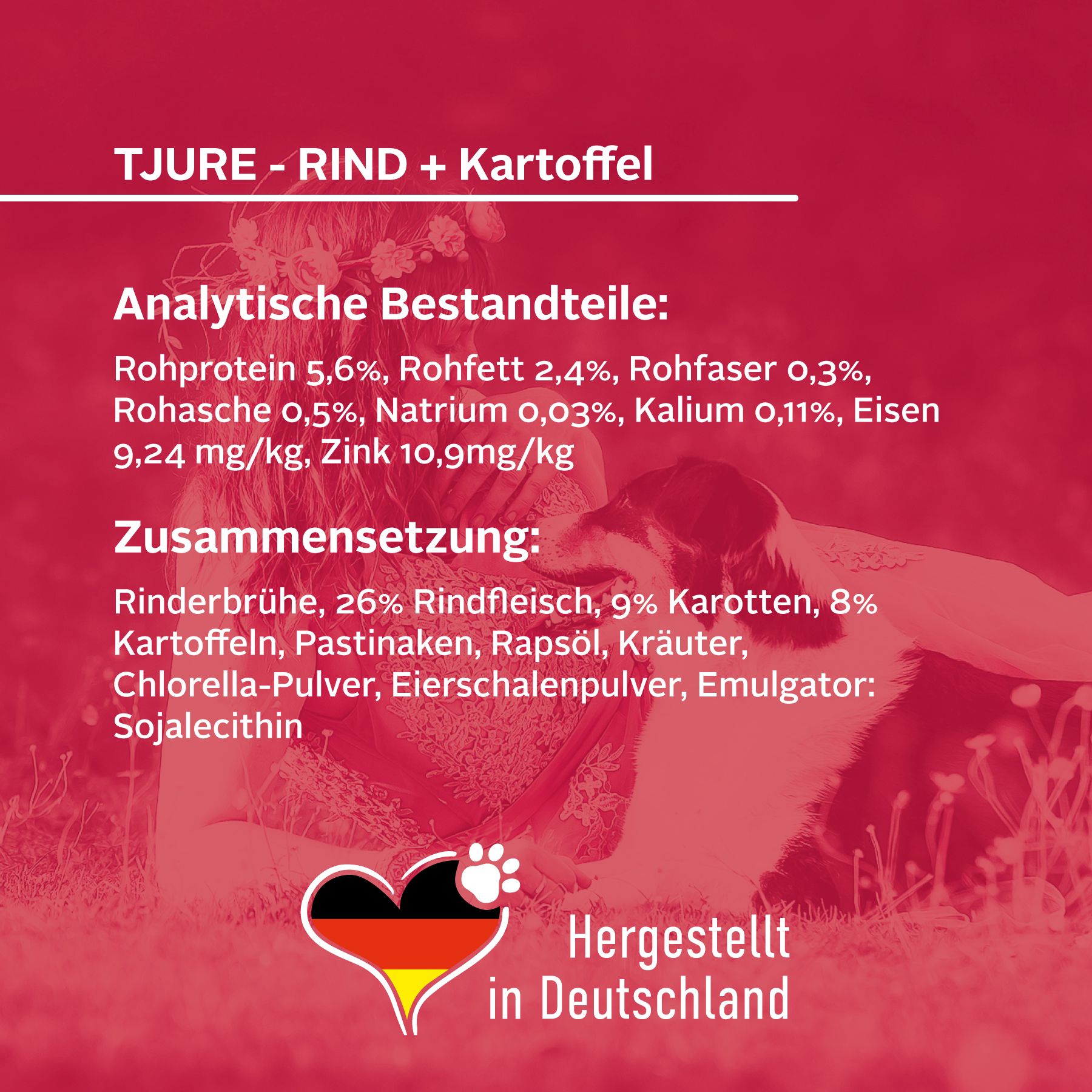 Produktinformationen für Tjure-Rind + Kartoffel. Analytische Bestandteile und Zusammensetzung. Hergestellt in Deutschland.