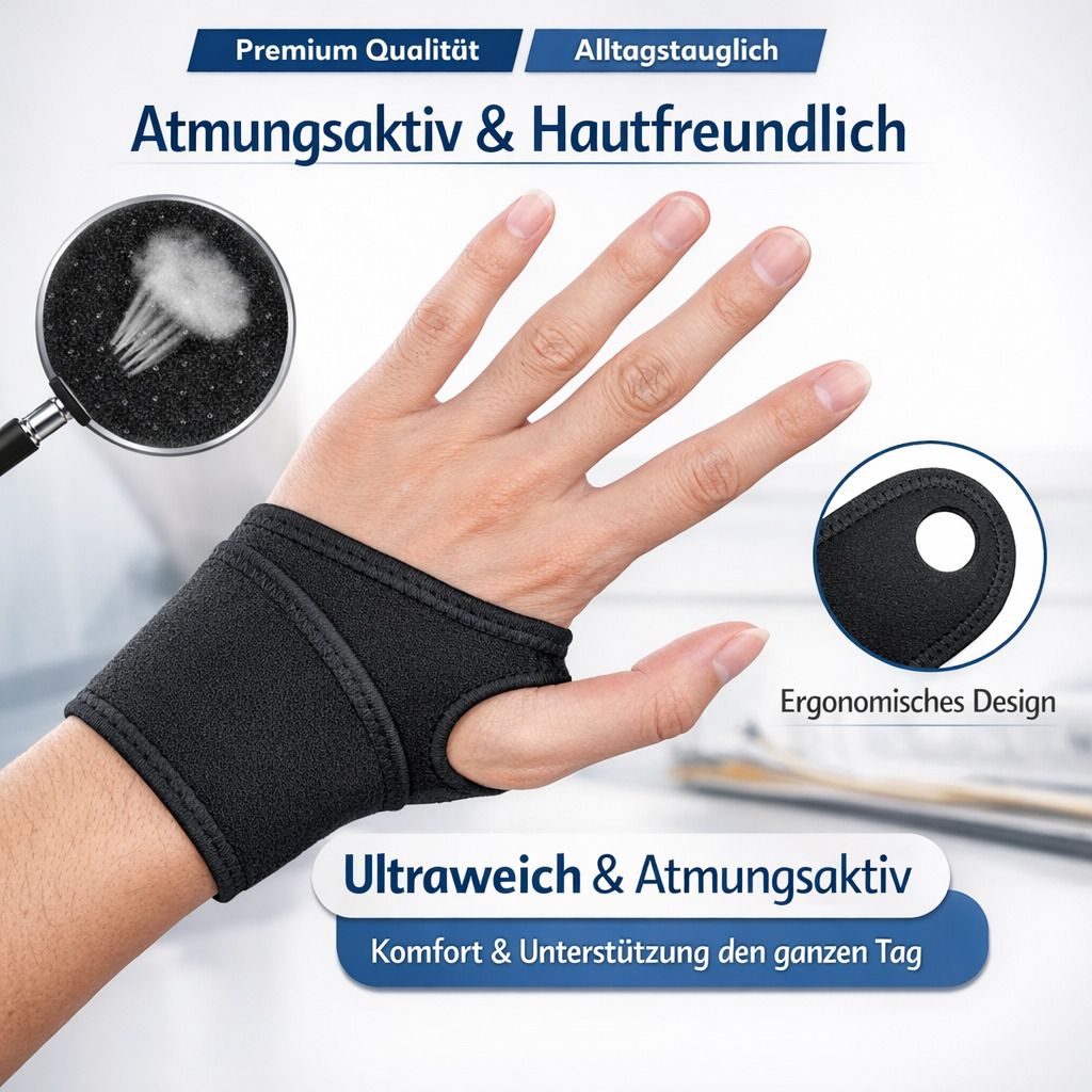 Schwarze Handgelenkbandage am Handgelenk. Text: Atmungsaktiv & hautfreundlich, ergonomisches Design, ultraweich & atmungsaktiv.