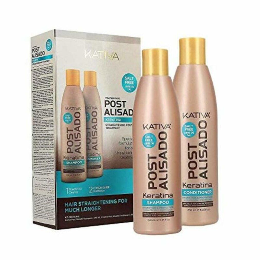 Kativa Keratina Shampoo Set. Zwei Flaschen und eine Box. Aufschrift: Post Alisado, Keratina, Salt Free.