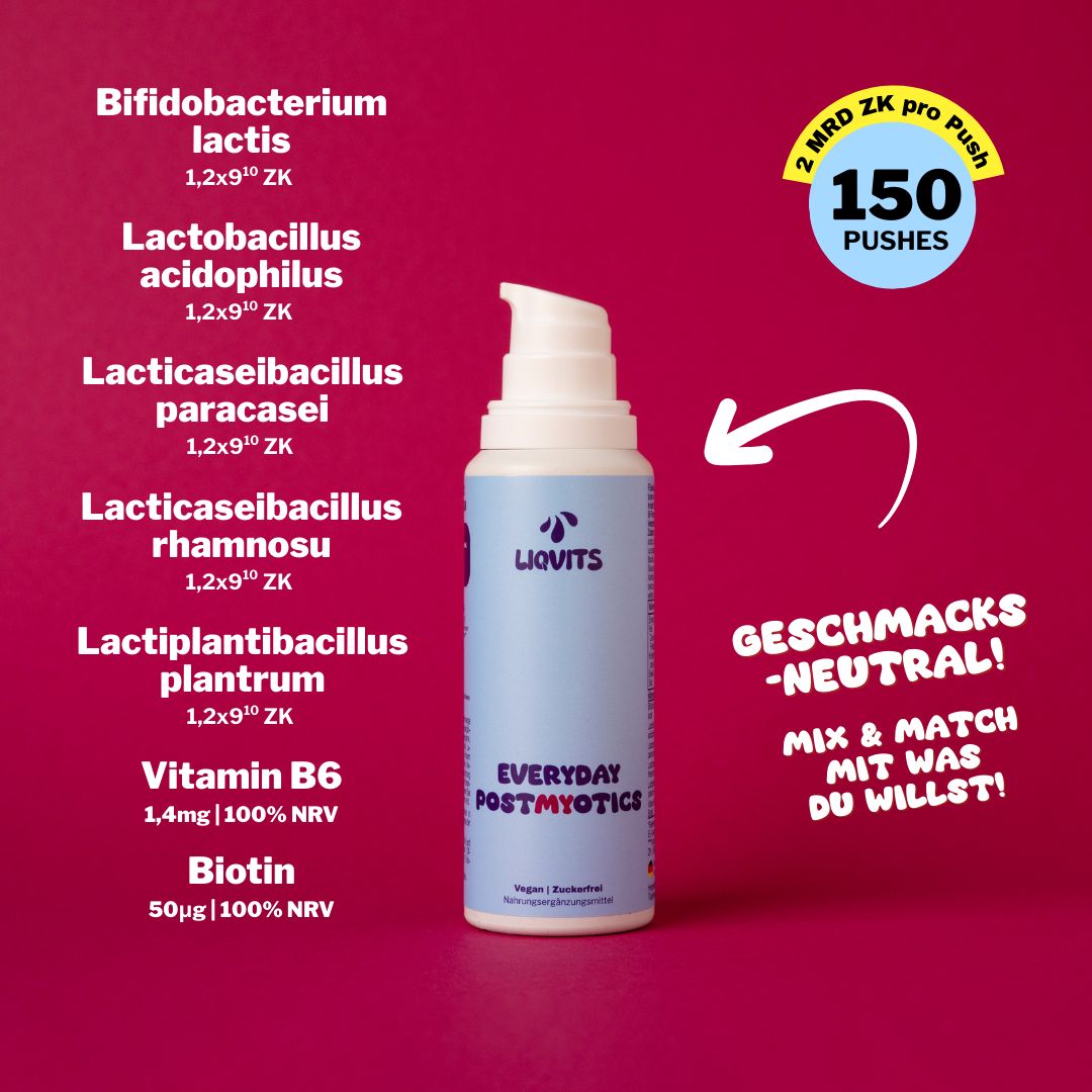 Blaue Flasche mit weißem Pumpkopf. Aufschrift: LIQVITS, Everyday POSTMYOTICS. Zutatenliste und Nährwerte.