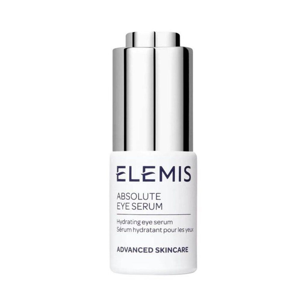 Elemis Absolute Eye Serum. Weiße Flasche mit silbernem Deckel. Produktname und Text auf der Vorderseite.