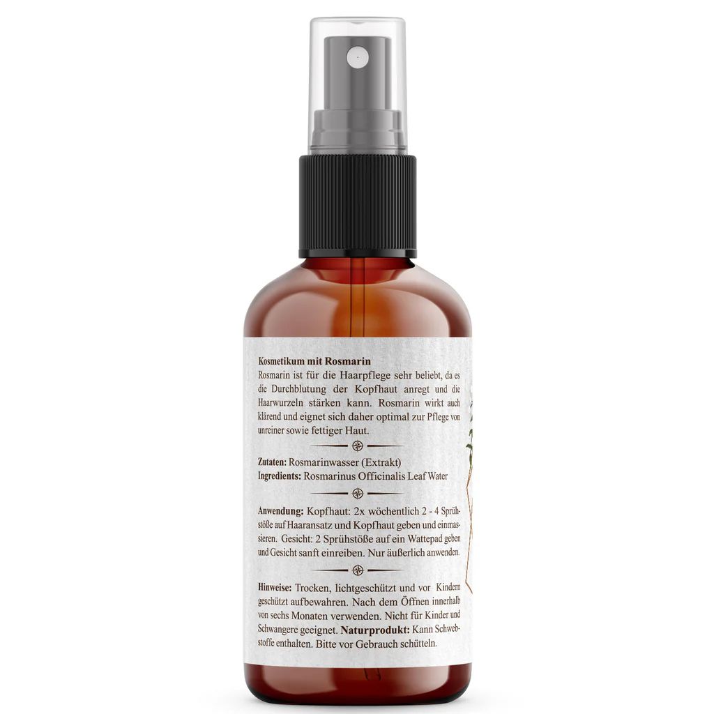 Rückseite einer braunen Sprühflasche. Text: Kosmetikum mit Rosmarin. Inhaltsstoffe, Anwendungshinweise und Warnhinweise.