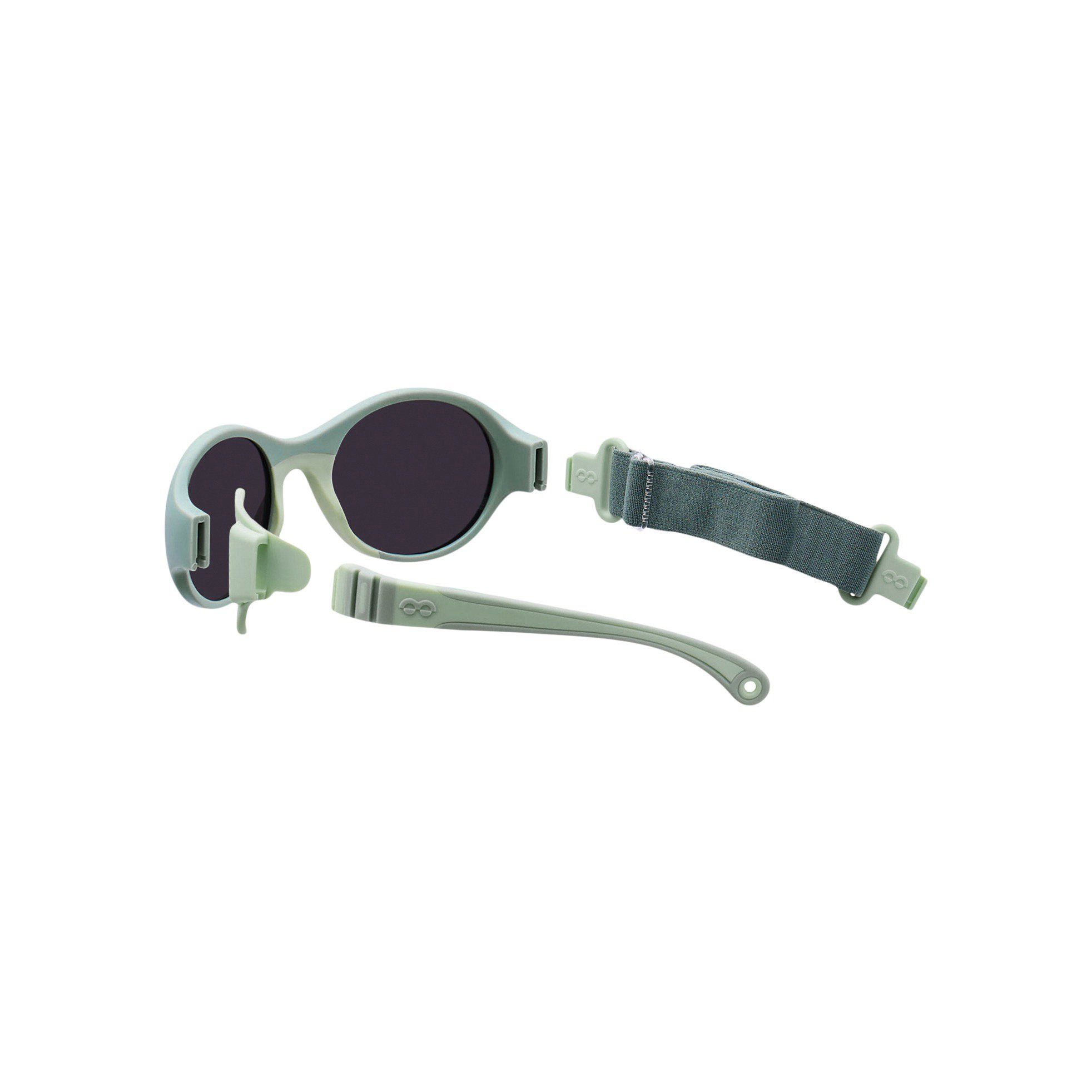 Sonnenbrille mit abnehmbaren Bügeln und Brillenband. Runde Gläser, dunkle Tönung. Grün.