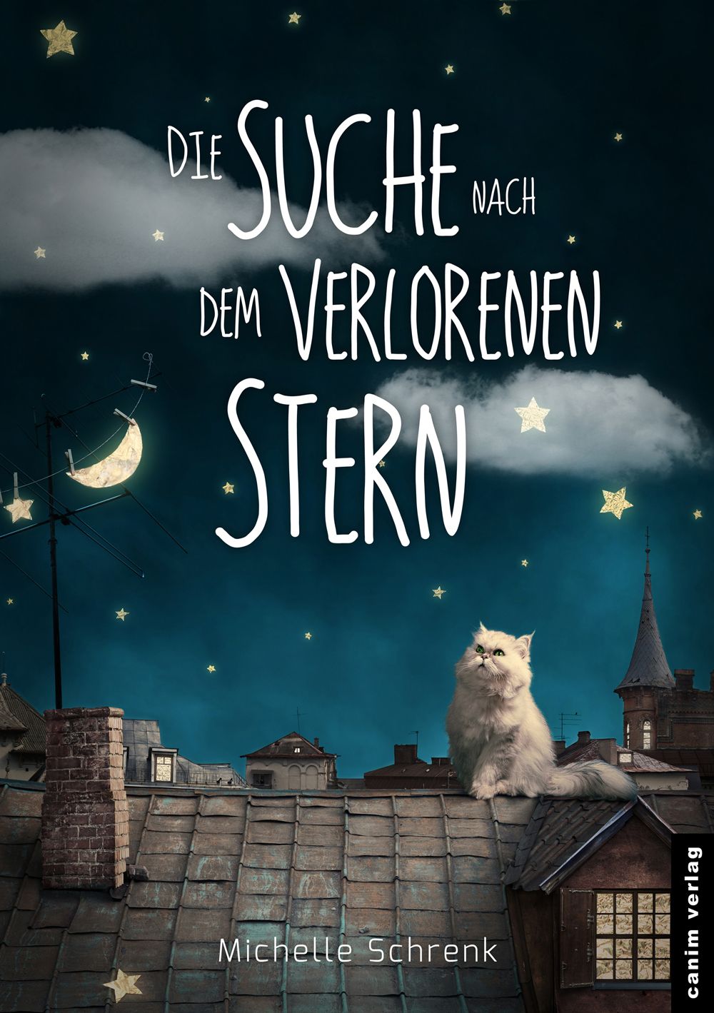 Buchcover mit Titel „Die Suche nach dem verlorenen Stern“. Eine Katze sitzt auf einem Dach. Autor: Michelle Schrenk.