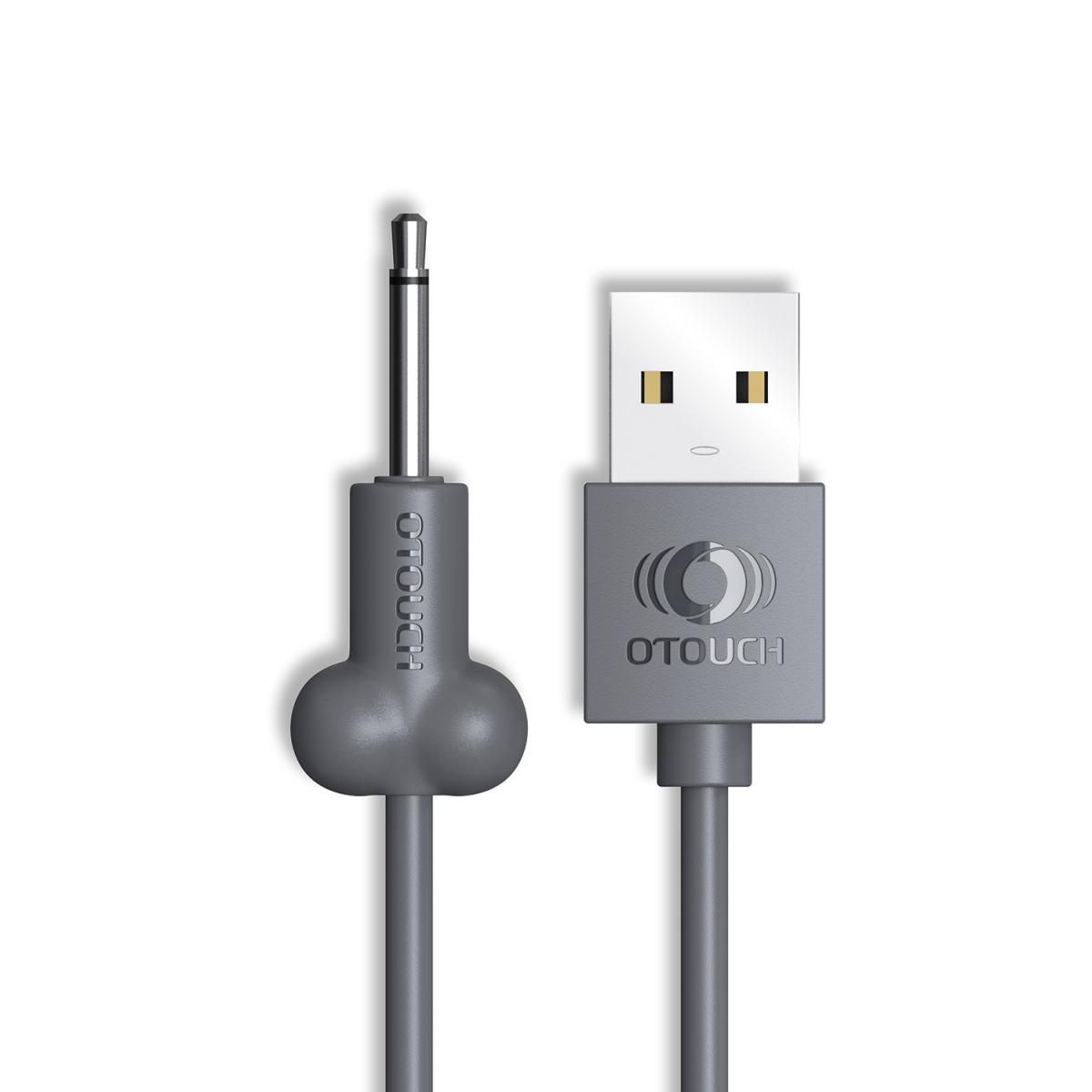 Graues Ladekabel mit USB- und Klinkenstecker. OTOUCH-Logo auf dem Stecker.