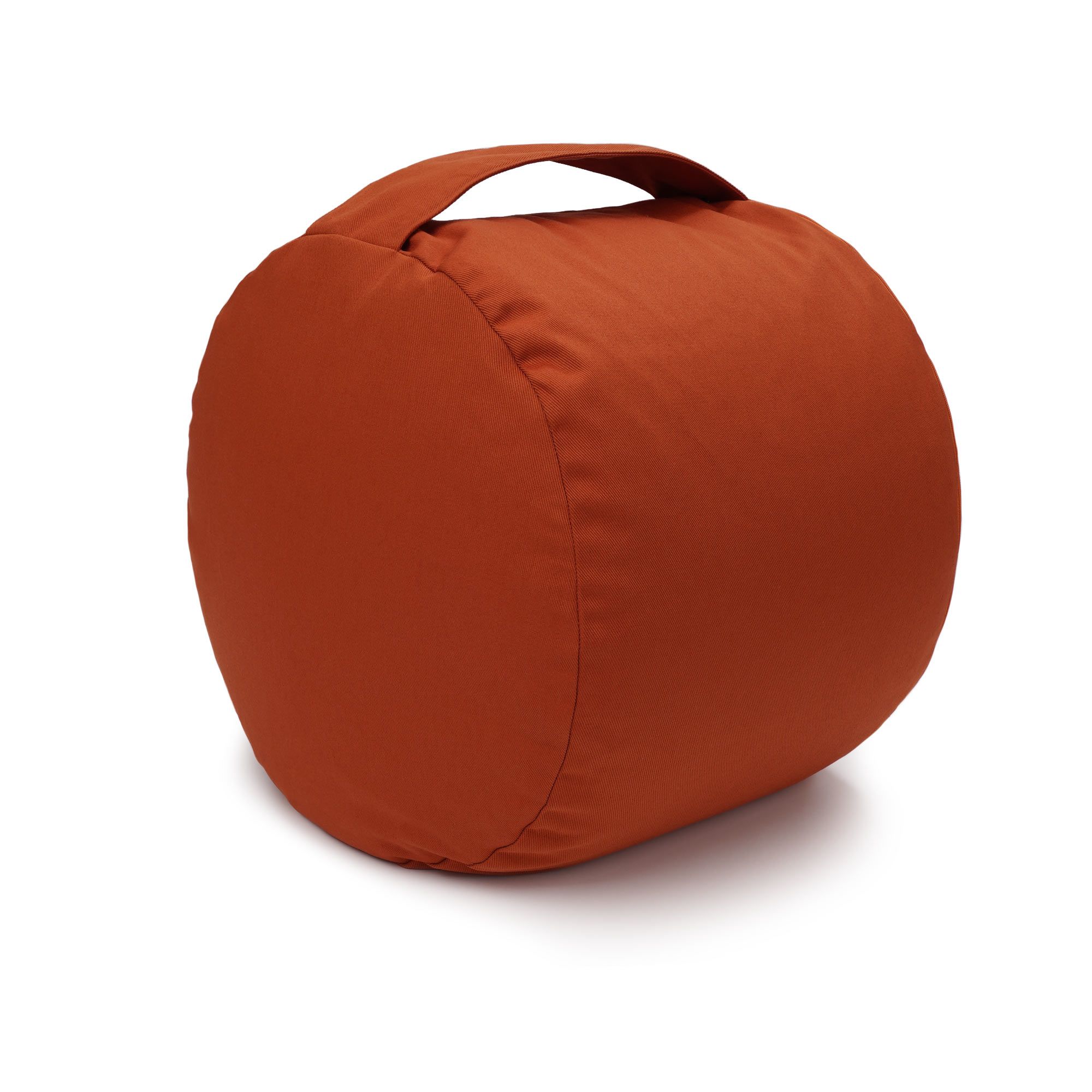 Runder, orangeroter Hocker mit Henkel, auf der Seite liegend.