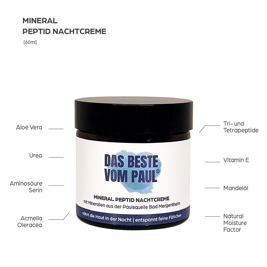 Braune Glascreme mit schwarzem Deckel. Text: Das Beste von Paul. Mineral Peptid Nachtcreme. Inhaltsstoffe wie Aloe Vera, Peptide.