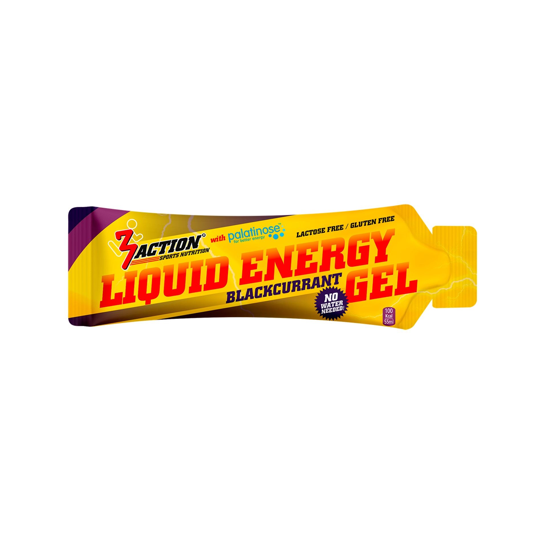 Gelbe Einzelportion. Aufschrift: Liquid Energy Gel Blackcurrant. Logo: 3Action. Text: lactose free, gluten free.