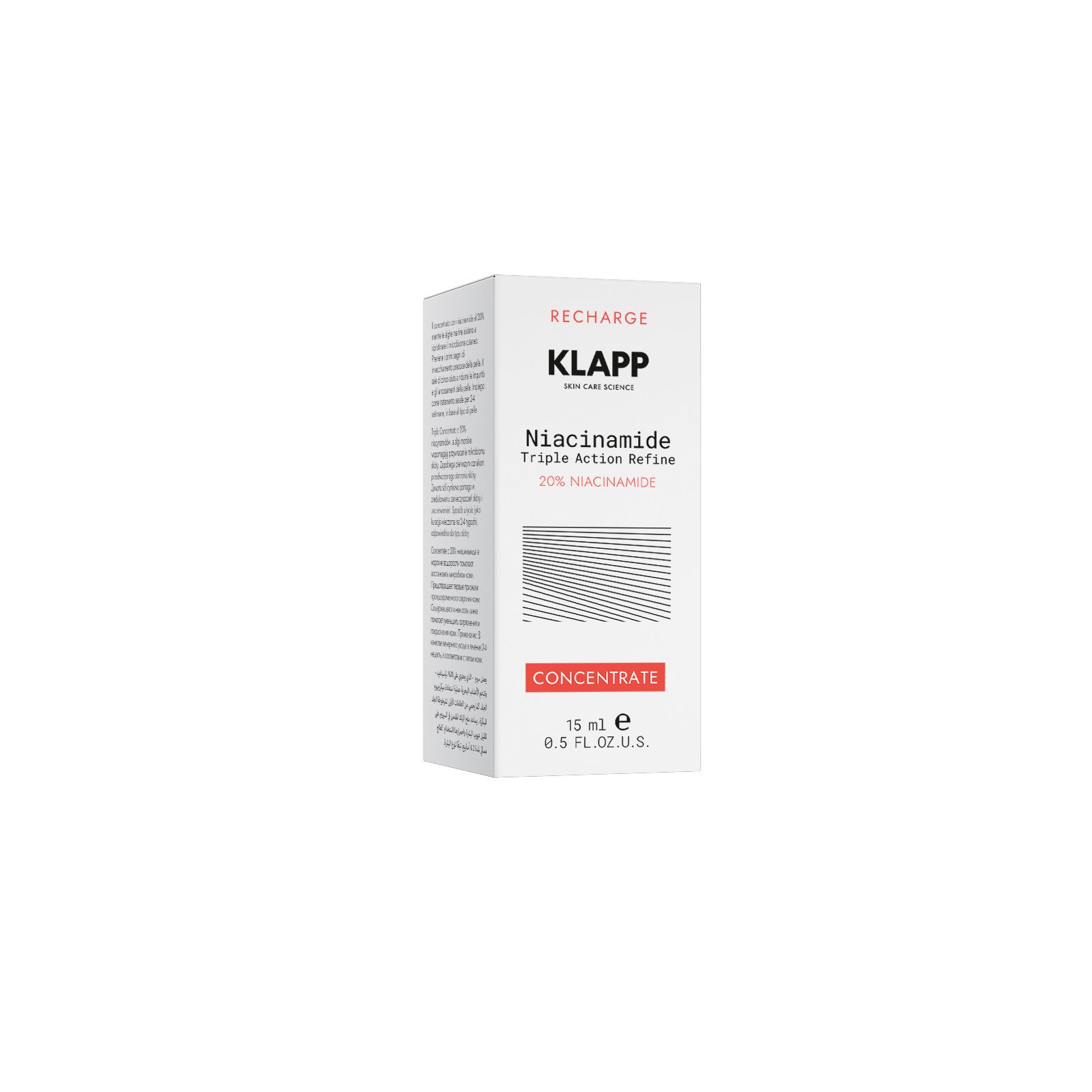 Weißer Karton mit Produktinformationen. Aufschrift: KLAPP, Recharge, Niacinamide Triple Action Refine, 20% Niacinamide, Concentrate.