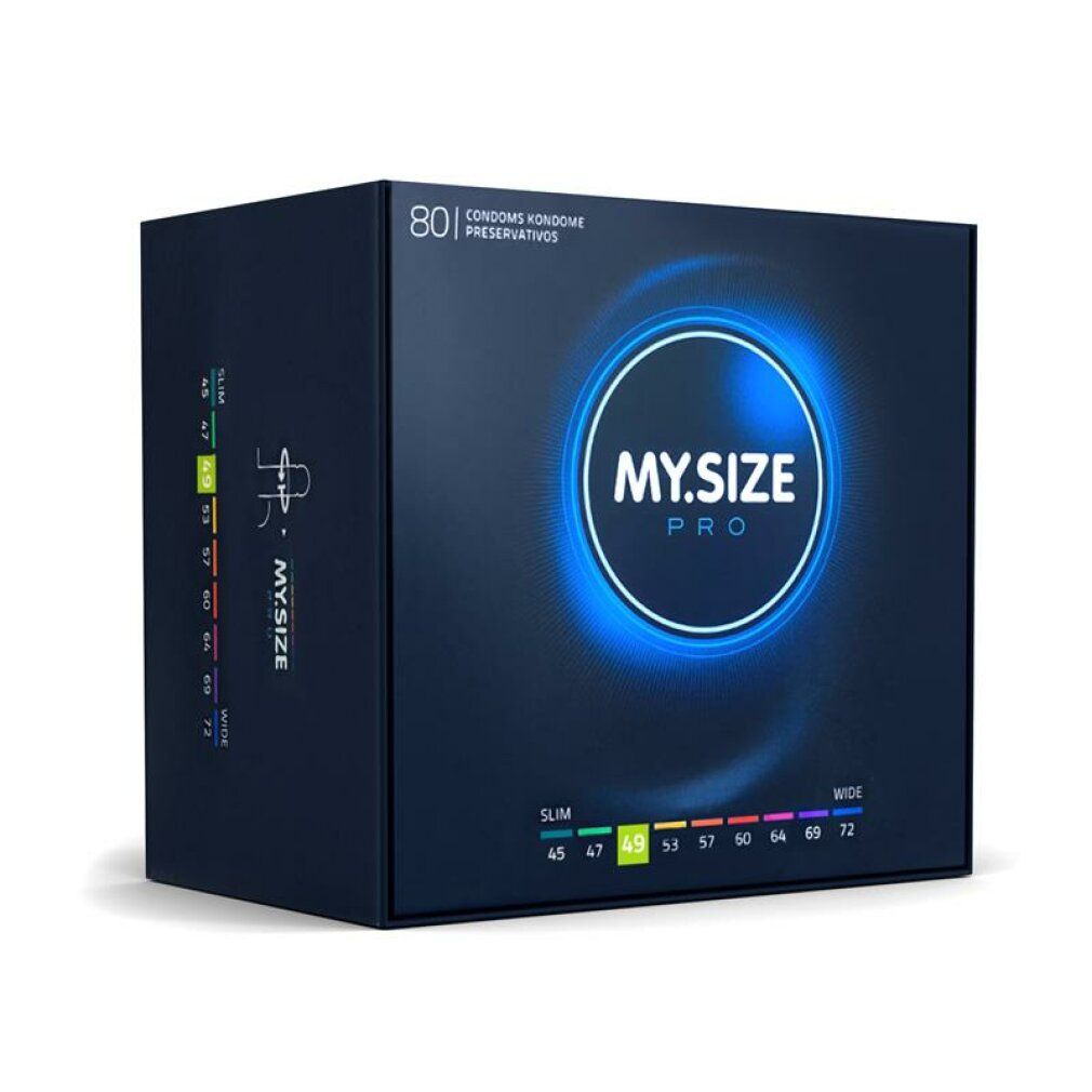 Dunkelblaue Schachtel mit MY.SIZE PRO Logo. Enthält 80 Kondome. Größe 49 hervorgehoben. Größenangaben von 45 bis 72.