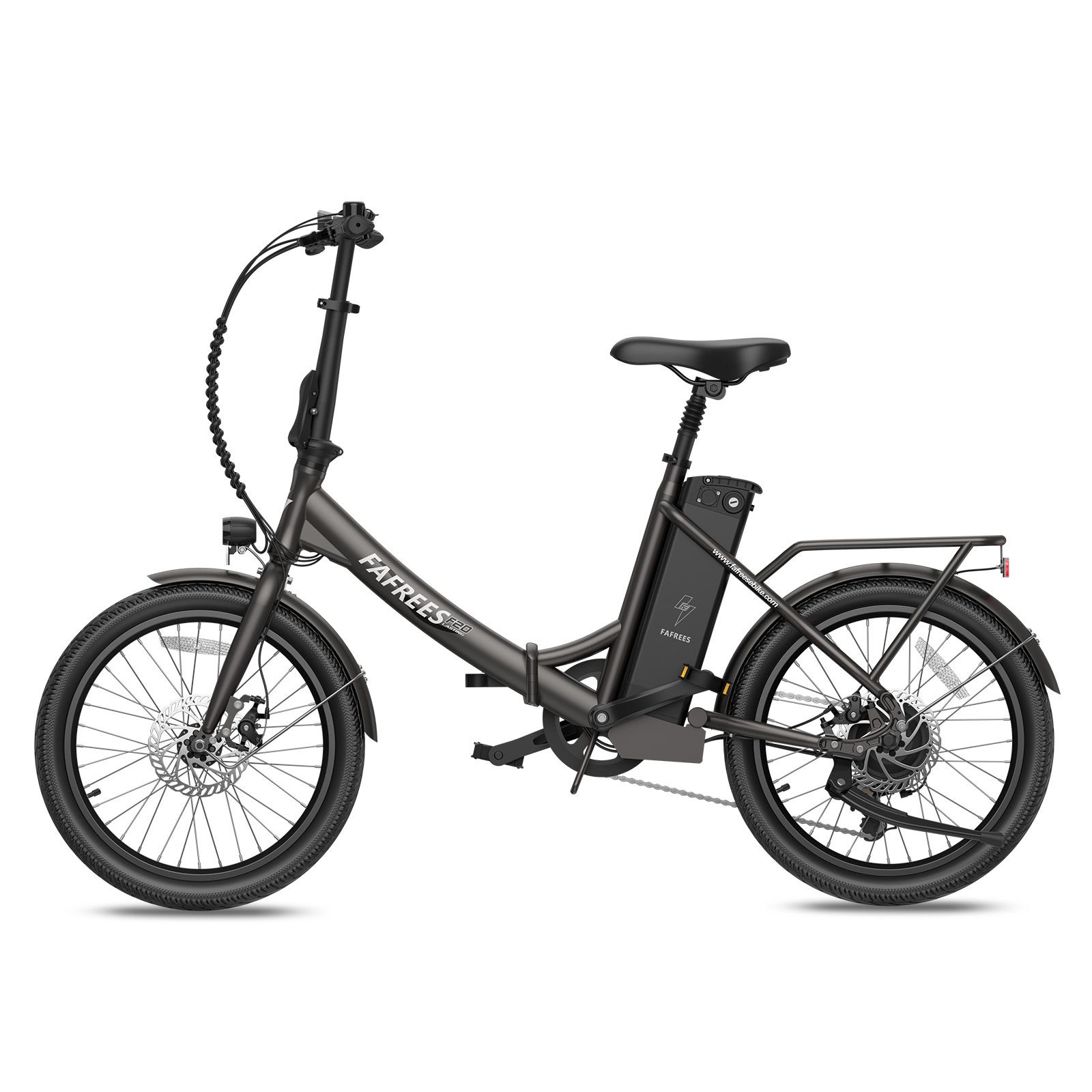 Fafrees F20 E-Bike, anthrazitfarben. Mit Gepäckträger, Schutzblechen und Akku. Sichtbar: Marke, Modellbezeichnung.