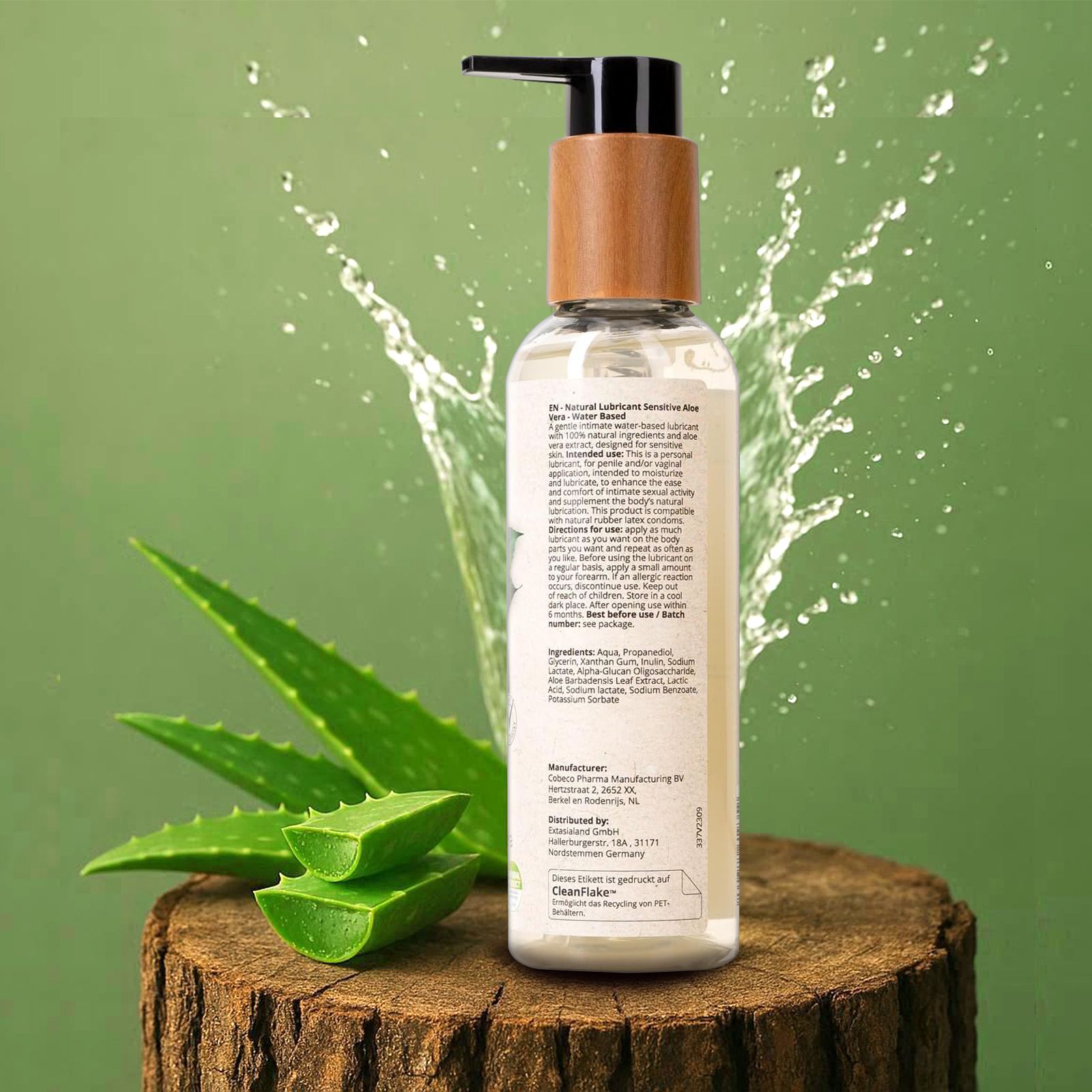 Rückseite der Gleitmittel-Flasche mit Holzdeckel und Pumpkopf. Text und Inhaltsstoffe.