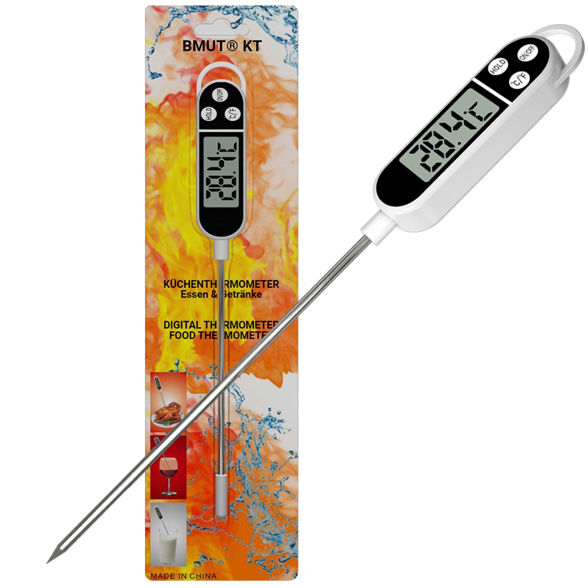 Digitales BMUT Küchenthermometer mit LCD-Anzeige und Sonde. In Verpackung mit Produktinformationen.