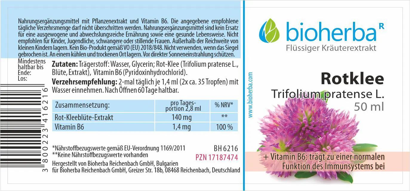 Etikett mit Produktnamen, Kleeblume und Text. "Bioherba" Logo. Enthält Informationen zu Inhaltsstoffen und Nährwerten.